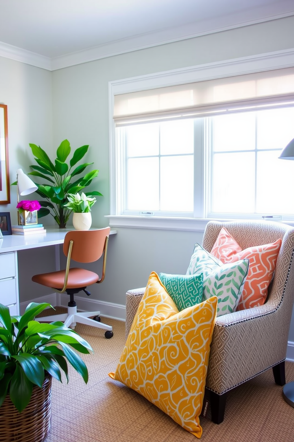 A bright and airy summer home office features a stylish desk positioned near a large window that allows natural light to flood the space. A comfortable chair is adorned with vibrant throw pillows in various patterns and colors, adding a cheerful touch to the overall decor.