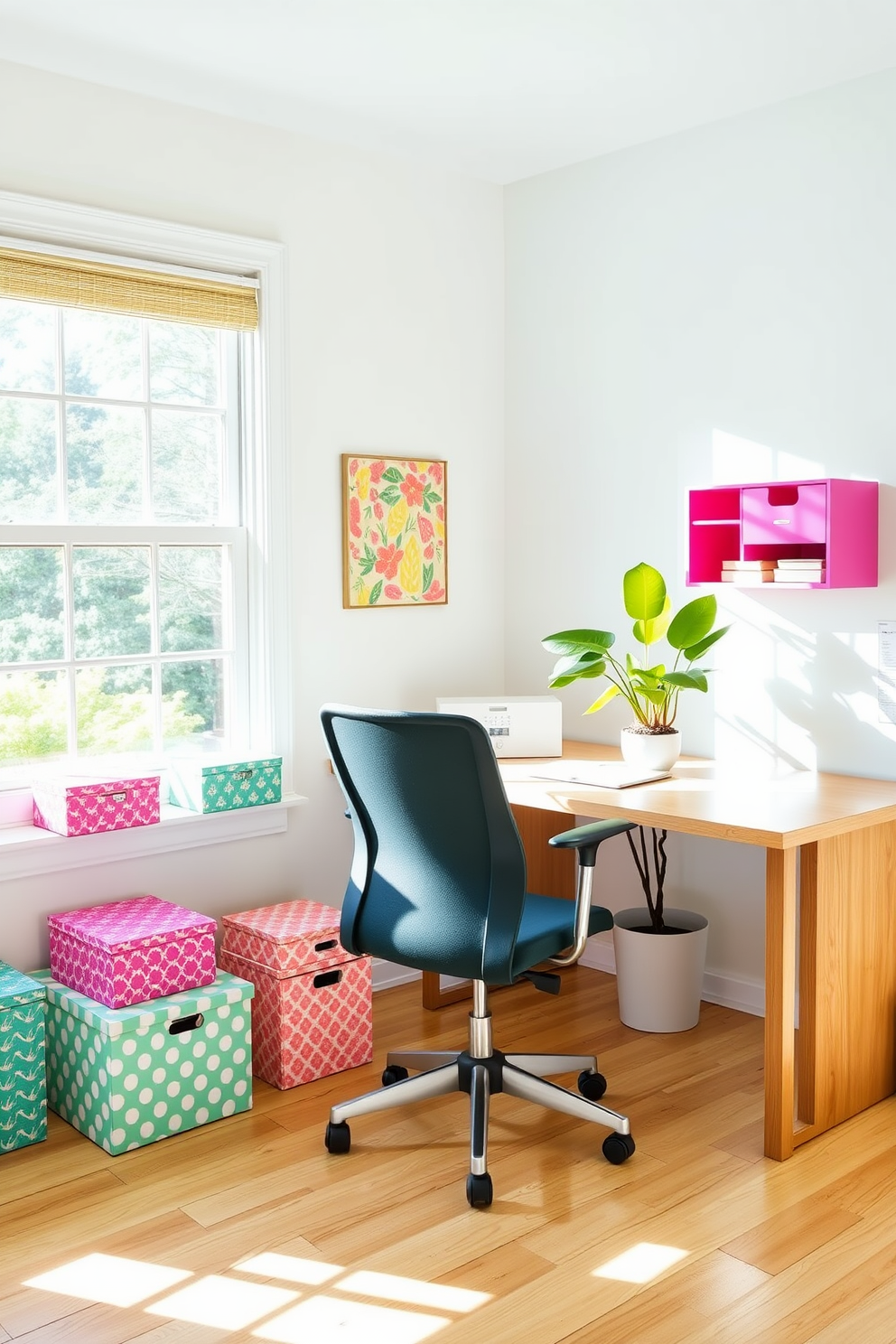 A bright and airy summer home office features decorative storage boxes in various sizes and patterns that add a pop of color to the space. A large window allows natural light to flood in, illuminating a sleek wooden desk paired with a comfortable ergonomic chair. On the desk, a stylish desk organizer complements the decorative storage boxes, creating a cohesive look. A vibrant indoor plant sits in the corner, enhancing the fresh and inviting atmosphere of the office.