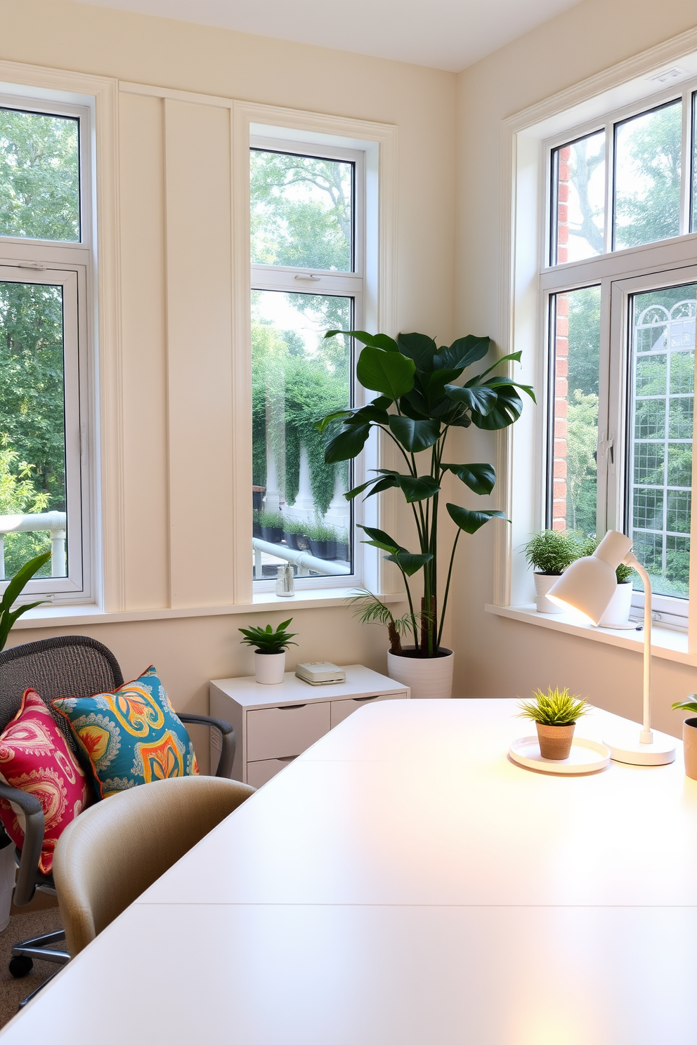 A bright and airy home office space with large windows allowing natural light to flood in. A cheerful desk lamp sits on a sleek white desk, providing an inviting glow to the workspace. The walls are painted in a soft pastel color, enhancing the cheerful atmosphere of the room. A comfortable chair with colorful cushions complements the decor, while potted plants add a touch of greenery to the environment.