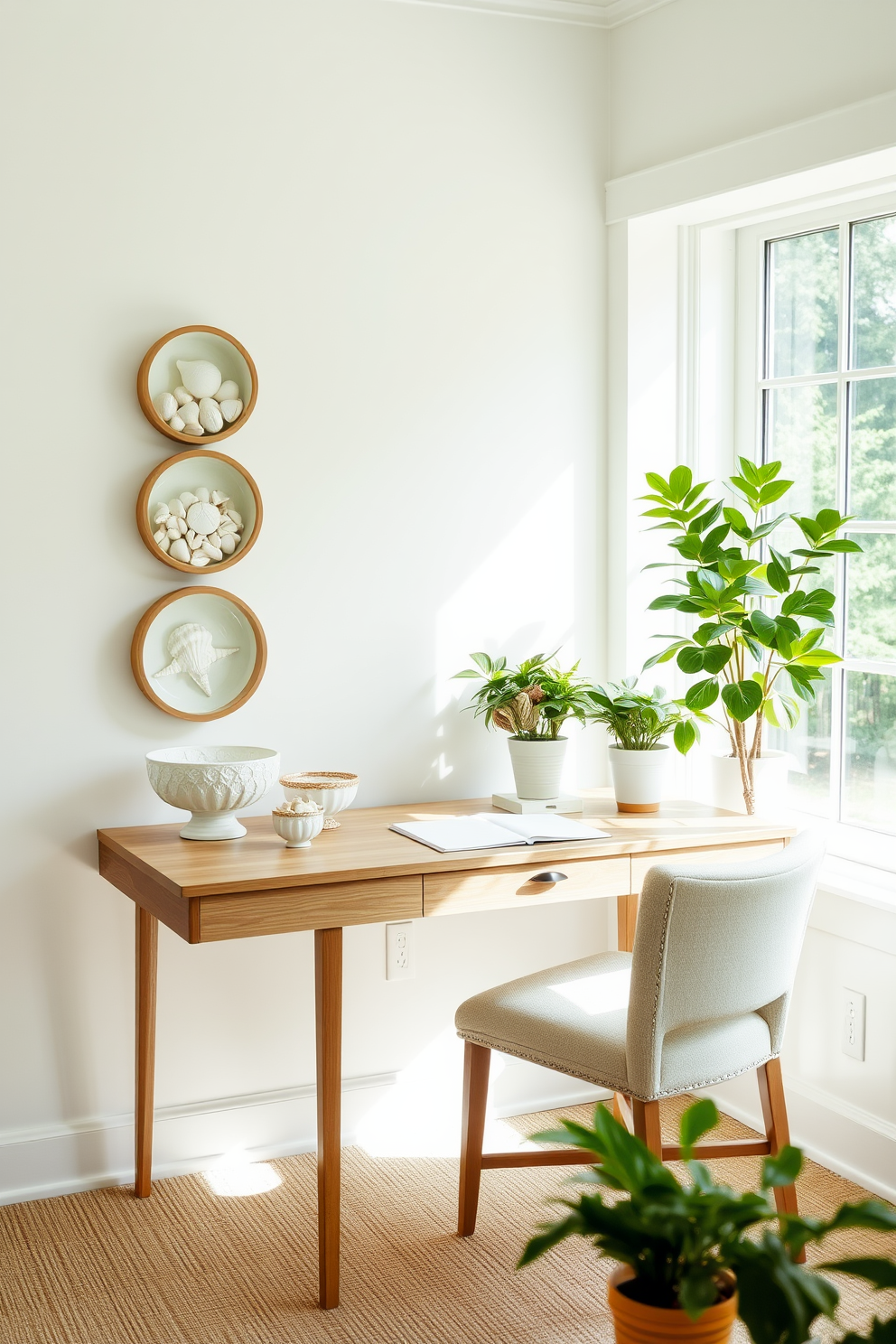 A bright and airy summer home office features a large window that allows natural light to flood the space. A wooden desk with a sleek design sits against the wall, adorned with decorative bowls filled with various seashells, adding a coastal charm to the room. The walls are painted in a soft pastel color, creating a calming atmosphere. A comfortable chair with light fabric upholstery complements the desk, while a few potted plants bring a touch of greenery to the decor.