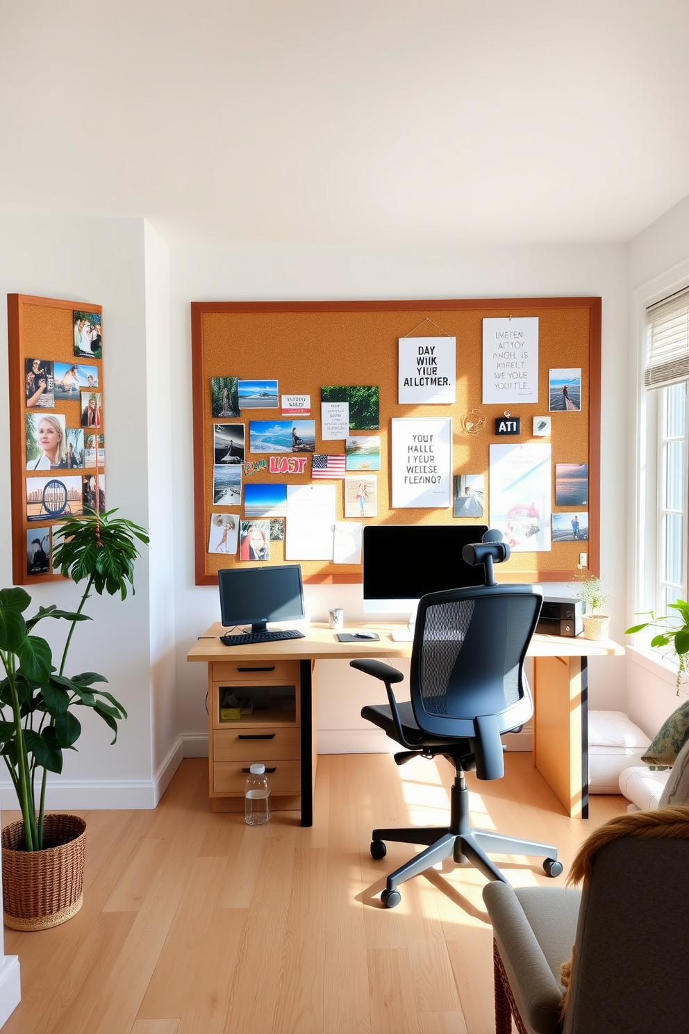 A bright and airy summer home office features a large corkboard mounted on the wall, filled with vibrant images and inspirational quotes. The desk is made of light wood, paired with a comfortable ergonomic chair, and large windows allow natural light to flood the space, creating an inviting atmosphere.