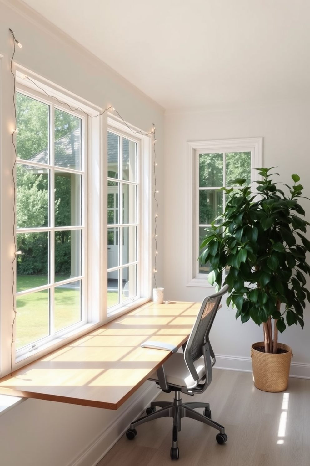 A bright and airy summer home office with large windows allowing natural light to flood the space. The walls are painted in a soft pastel color, and a wooden desk with a sleek design is positioned near the window. A comfortable ergonomic chair is paired with the desk, and a lush indoor plant sits in the corner to bring a touch of nature indoors. Fairy lights are draped along the window frame, creating a warm and inviting atmosphere perfect for productivity.