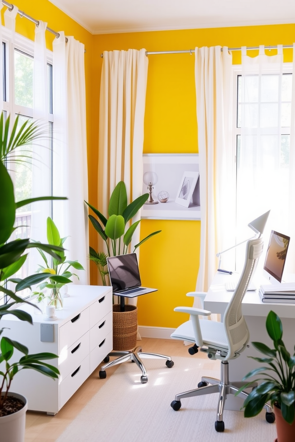 A bright yellow accent wall brings a cheerful energy to the summer home office. The room features a sleek white desk paired with a comfortable ergonomic chair, enhancing productivity and style. Natural light floods the space through large windows adorned with light sheer curtains. Potted plants in the corners add a refreshing touch, creating a vibrant and inviting atmosphere.