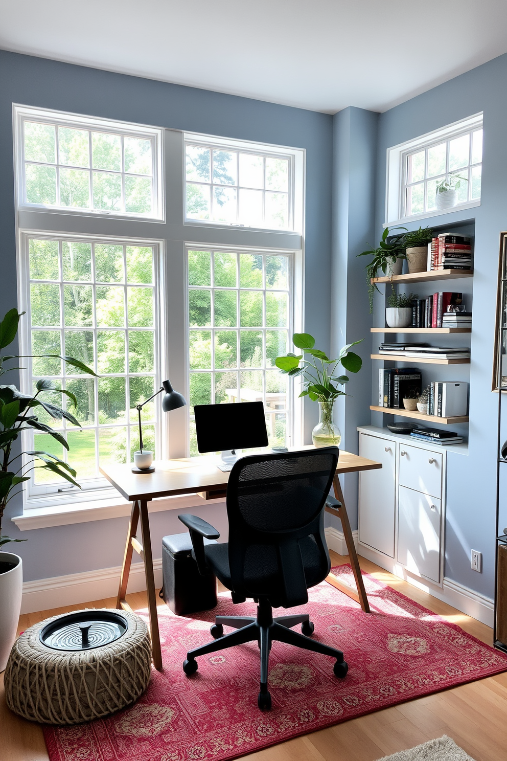 A serene summer home office setting with large windows allowing natural light to flood the space. A sleek wooden desk is positioned in front of the windows, complemented by a comfortable ergonomic chair and a small water feature nearby that adds a calming ambiance. The walls are painted in a soft blue hue, creating a tranquil atmosphere. Decorative shelves filled with books and plants line the walls, while a cozy rug anchors the seating area, inviting relaxation and creativity.