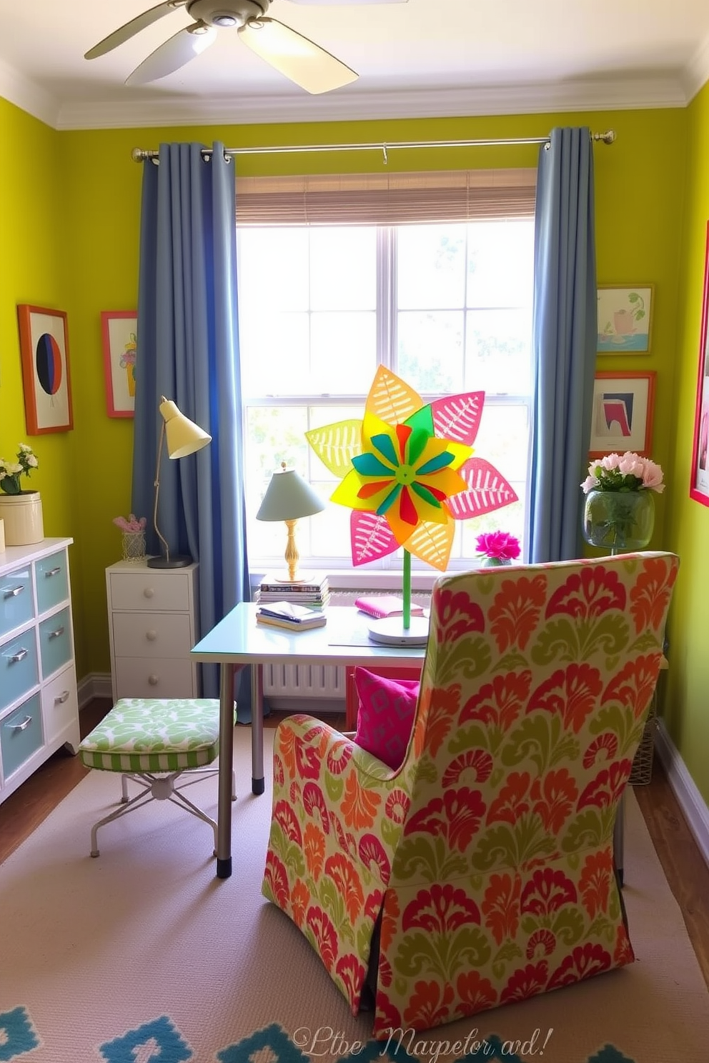 A vibrant summer home office featuring a bright color palette with playful decor elements. A large pinwheel is positioned on the desk, bringing a whimsical touch to the workspace. The walls are adorned with cheerful artwork and the furniture is arranged to maximize natural light. A cozy chair in a bold pattern complements the overall lively atmosphere of the room.