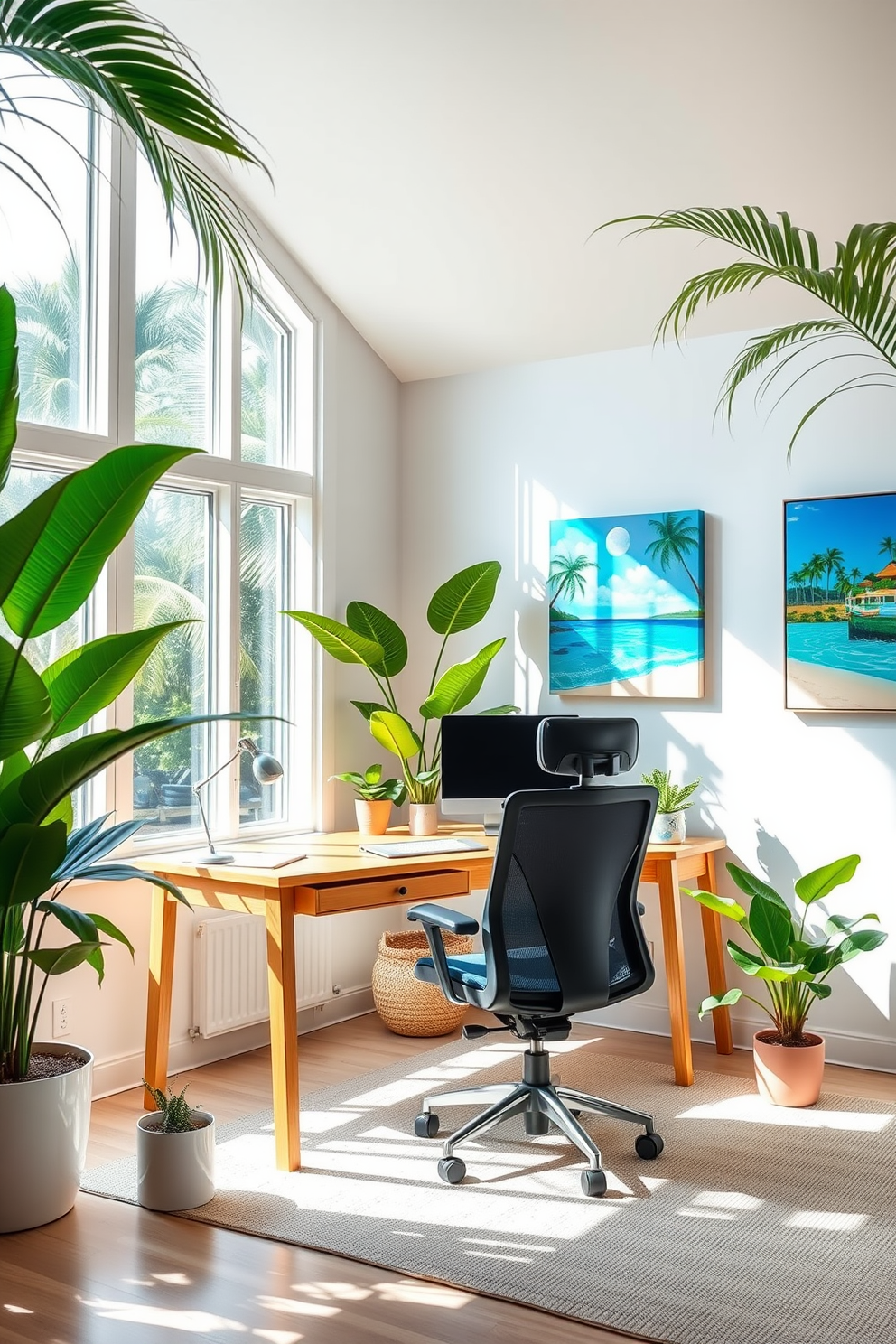 A bright and airy home office featuring large windows that let in ample natural light. The space is adorned with tropical plants in various sizes, adding a touch of freshness and vibrancy to the decor. The desk is a sleek, modern design made of light wood, complemented by a comfortable ergonomic chair. Colorful artwork depicting tropical landscapes hangs on the walls, enhancing the summer vibe of the room.