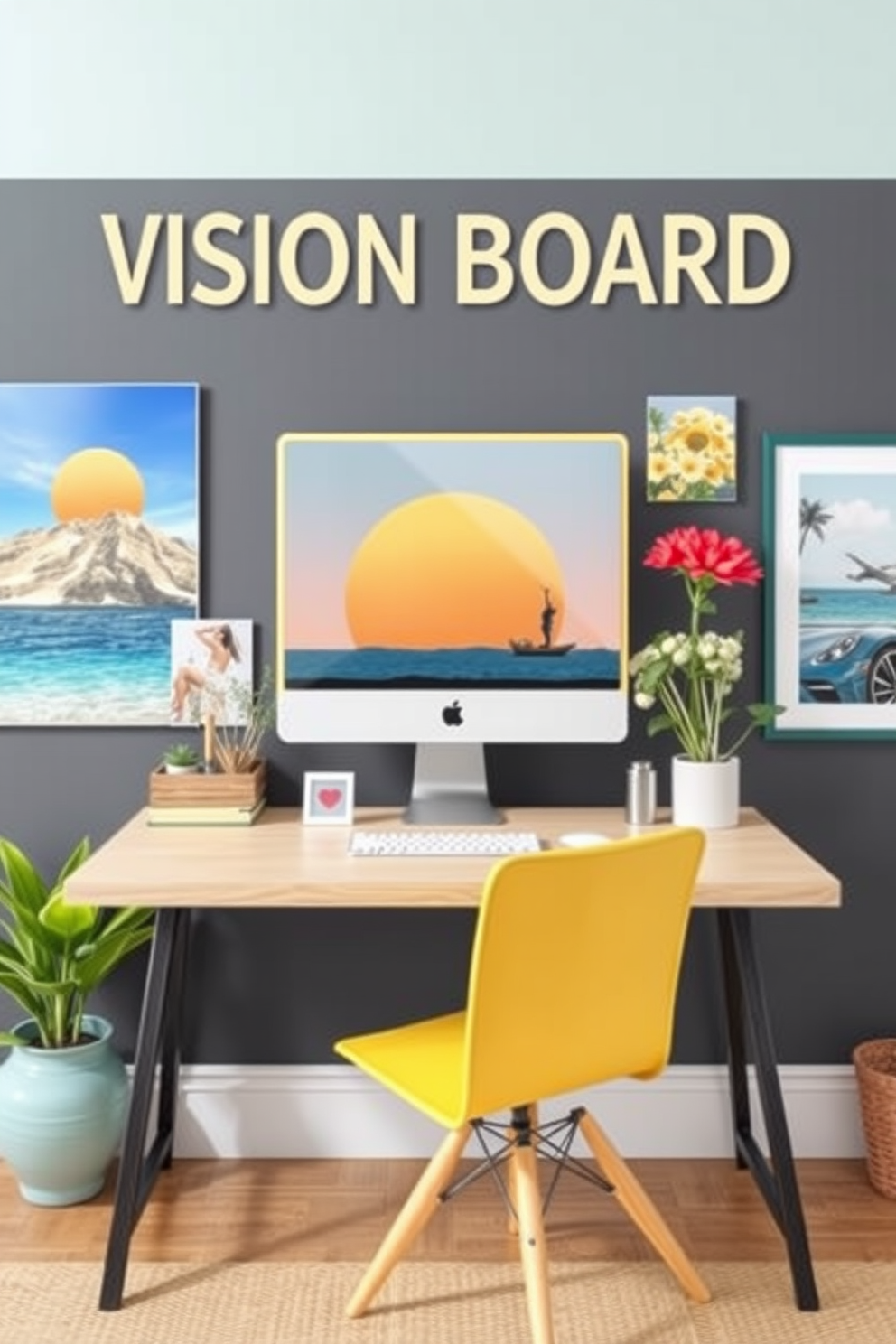 Create a vision board that captures the essence of summer with bright colors and inspiring images. Include elements like beach scenes, vibrant flowers, and outdoor activities that evoke a sense of relaxation and adventure. Design a summer home office that combines functionality with a refreshing aesthetic. Use light, airy colors and incorporate natural materials to create a space that feels both productive and inviting.