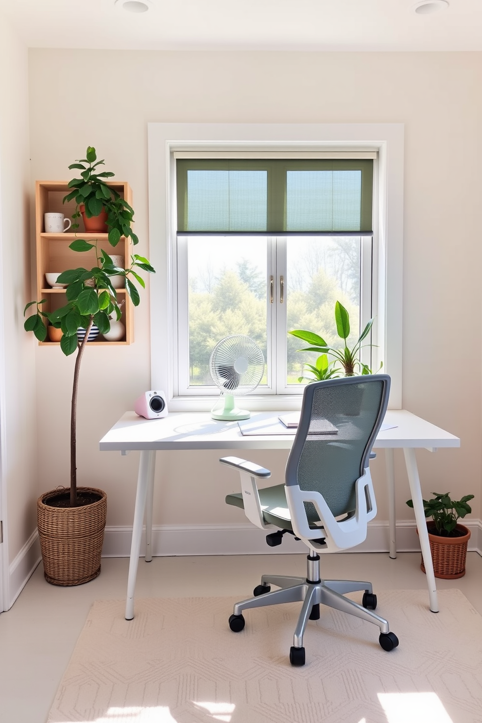 A bright and airy summer home office features a sleek white desk positioned near a large window that allows natural light to flood the space. A portable fan sits on the desk, providing a refreshing breeze while potted plants add a touch of greenery and vibrancy to the room. The walls are painted in a soft pastel color, creating a calming atmosphere perfect for productivity. A comfortable ergonomic chair complements the desk, while a cozy rug anchors the space and adds warmth underfoot.