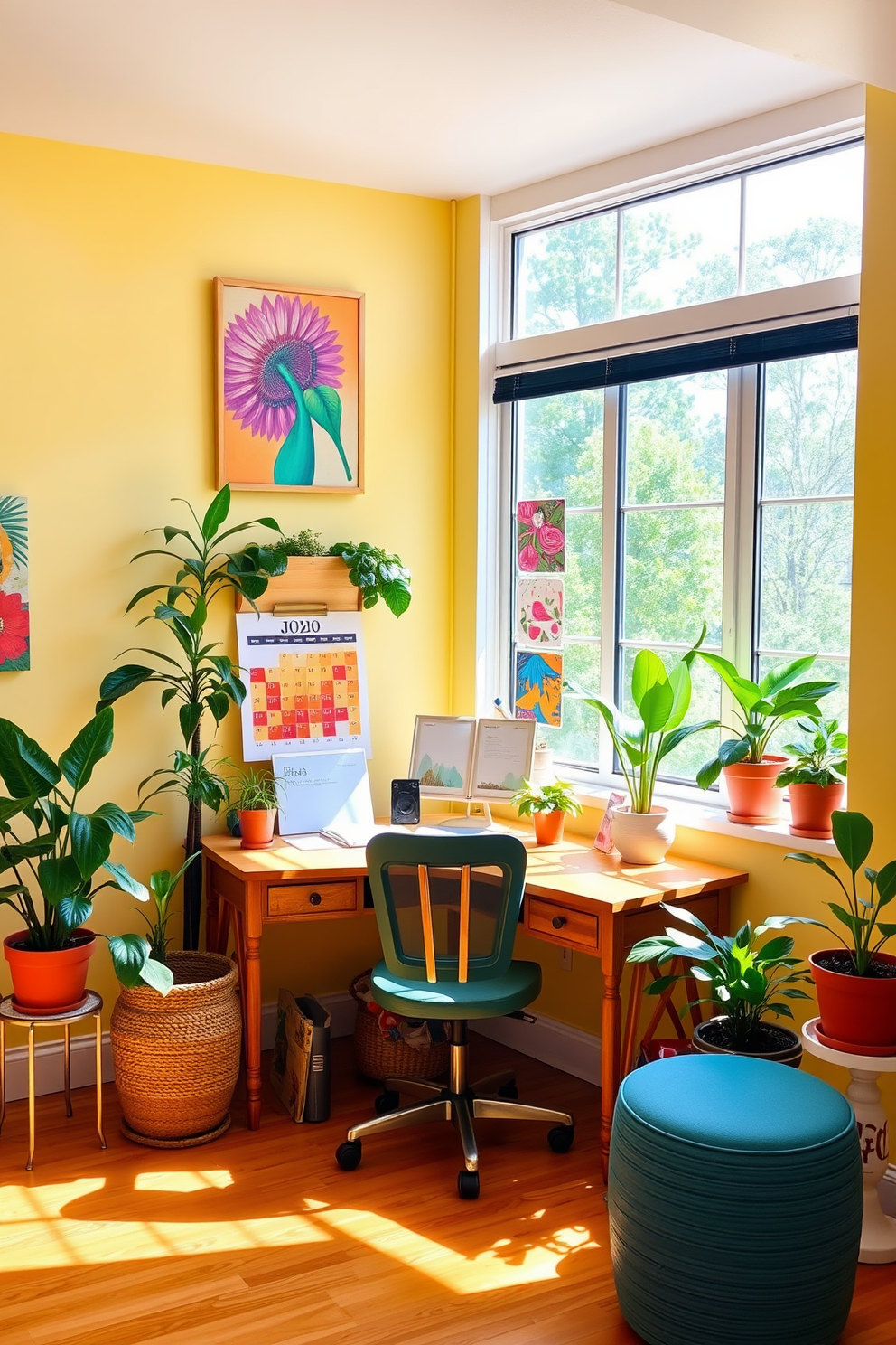 A bright and inviting home office space designed for summer. The walls are painted in a soft pastel yellow, and a large window allows natural light to flood the room. A wooden desk is positioned near the window, adorned with a colorful calendar for organization. Surrounding the desk are potted plants and vibrant artwork that add a lively touch to the decor.