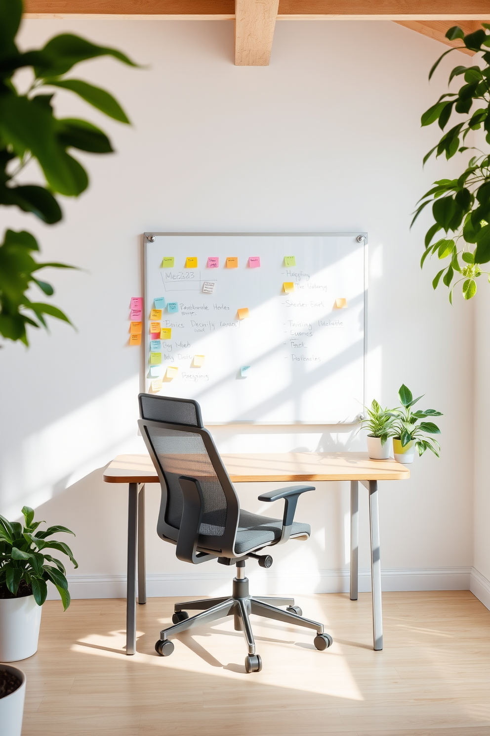 A bright and airy summer home office filled with natural light. The space features a large whiteboard mounted on the wall for jotting down notes and ideas, surrounded by colorful post-it notes for inspiration. A sleek wooden desk with a comfortable ergonomic chair sits in front of the whiteboard. Lush green plants are placed on the desk and in the corners of the room, adding a refreshing touch to the decor.