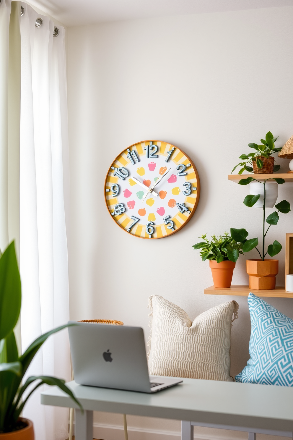 A cheerful wall clock design features bright colors and playful patterns that add a touch of whimsy to the space. The clock is mounted on a light pastel wall, complementing the overall summer vibe of the home office. For summer home office decorating ideas, incorporate light and airy fabrics such as sheer curtains and soft throw pillows. Use a mix of natural elements like potted plants and wooden accents to create a refreshing and inviting atmosphere.