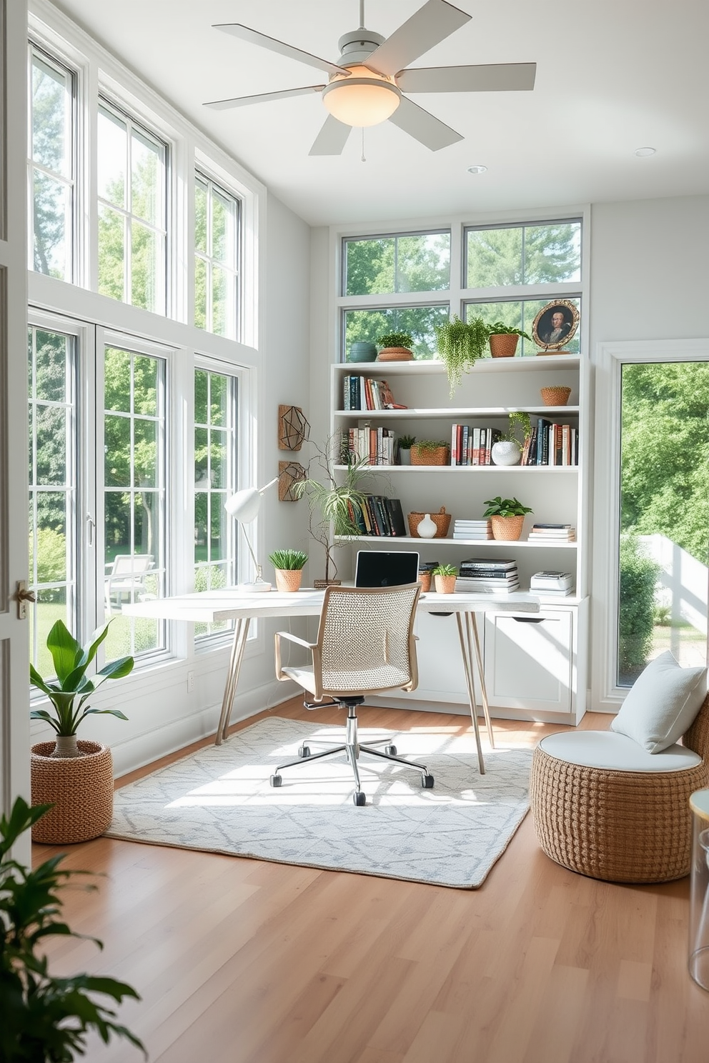 A bright and airy summer home office with large windows allowing natural light to flood the space. The room features a soft area rug under a modern desk, creating a cozy and inviting atmosphere. The desk is adorned with a stylish lamp and a few decorative items, while a comfortable chair complements the overall design. Shelves filled with books and plants add a touch of personality and warmth to the room.