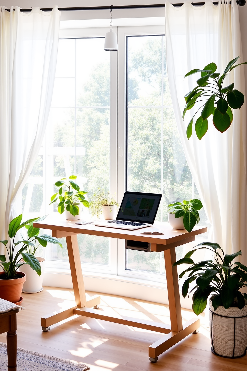 A bright and airy summer home office featuring a standing desk option. The desk is made of light wood and positioned near a large window that lets in ample natural light. Surrounding the desk are potted plants that add a touch of greenery to the space. Soft, breezy curtains frame the window, enhancing the relaxed summer vibe.