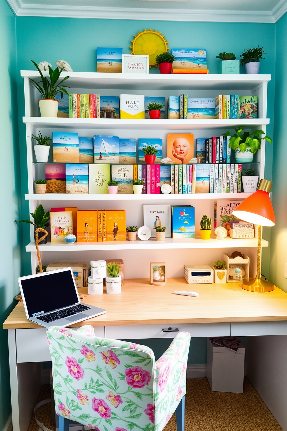 A bright and airy home office filled with summer-themed decor. The shelves are lined with colorful books featuring beach scenes and tropical motifs, complemented by small potted plants and seashells. The desk is made of light wood, adorned with a sleek laptop and a vibrant desk lamp. A comfortable chair with a floral pattern invites creativity and productivity in this cheerful workspace.