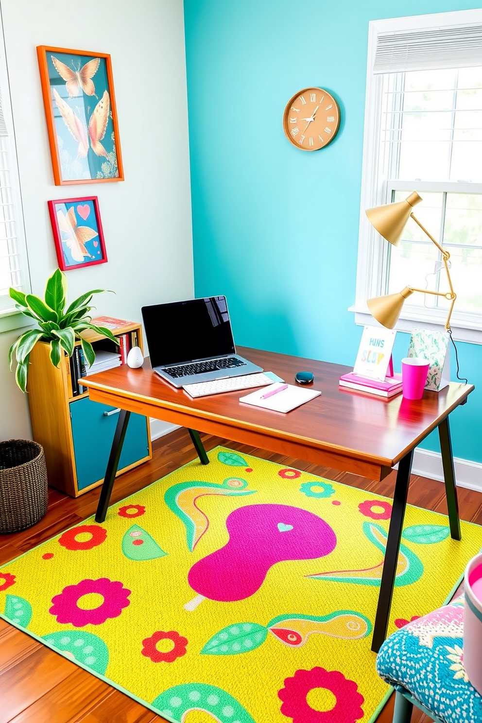 A vibrant summer home office featuring a fun desk mat that adds a pop of color to the workspace. The desk is adorned with stylish stationery and a potted plant, creating a cheerful and inviting atmosphere.