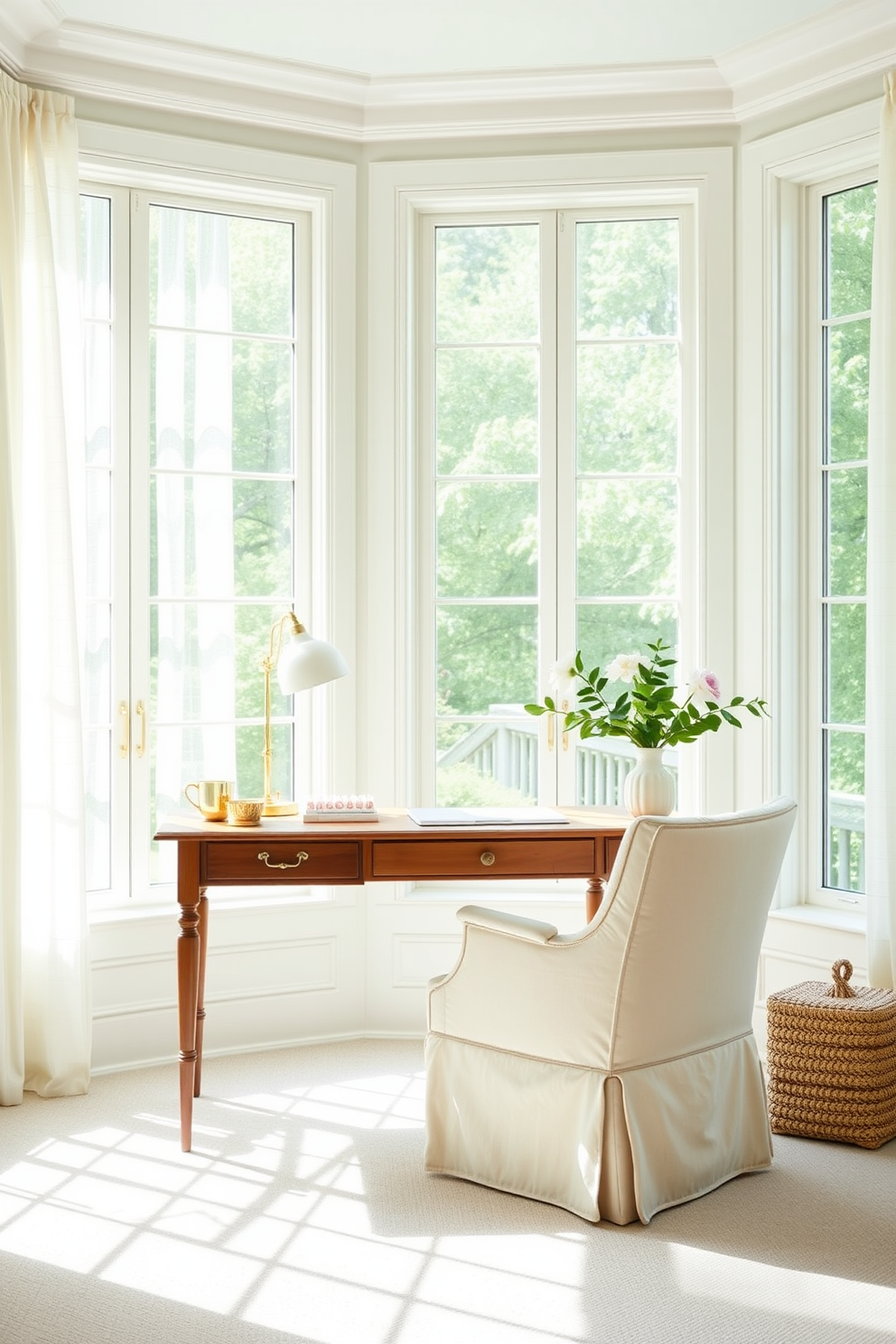 A bright and airy summer home office features large windows dressed in light, sheer linen curtains that gently diffuse the sunlight. The space is accented with a wooden desk paired with a comfortable chair upholstered in a soft, pastel fabric, creating a serene and inviting work environment.