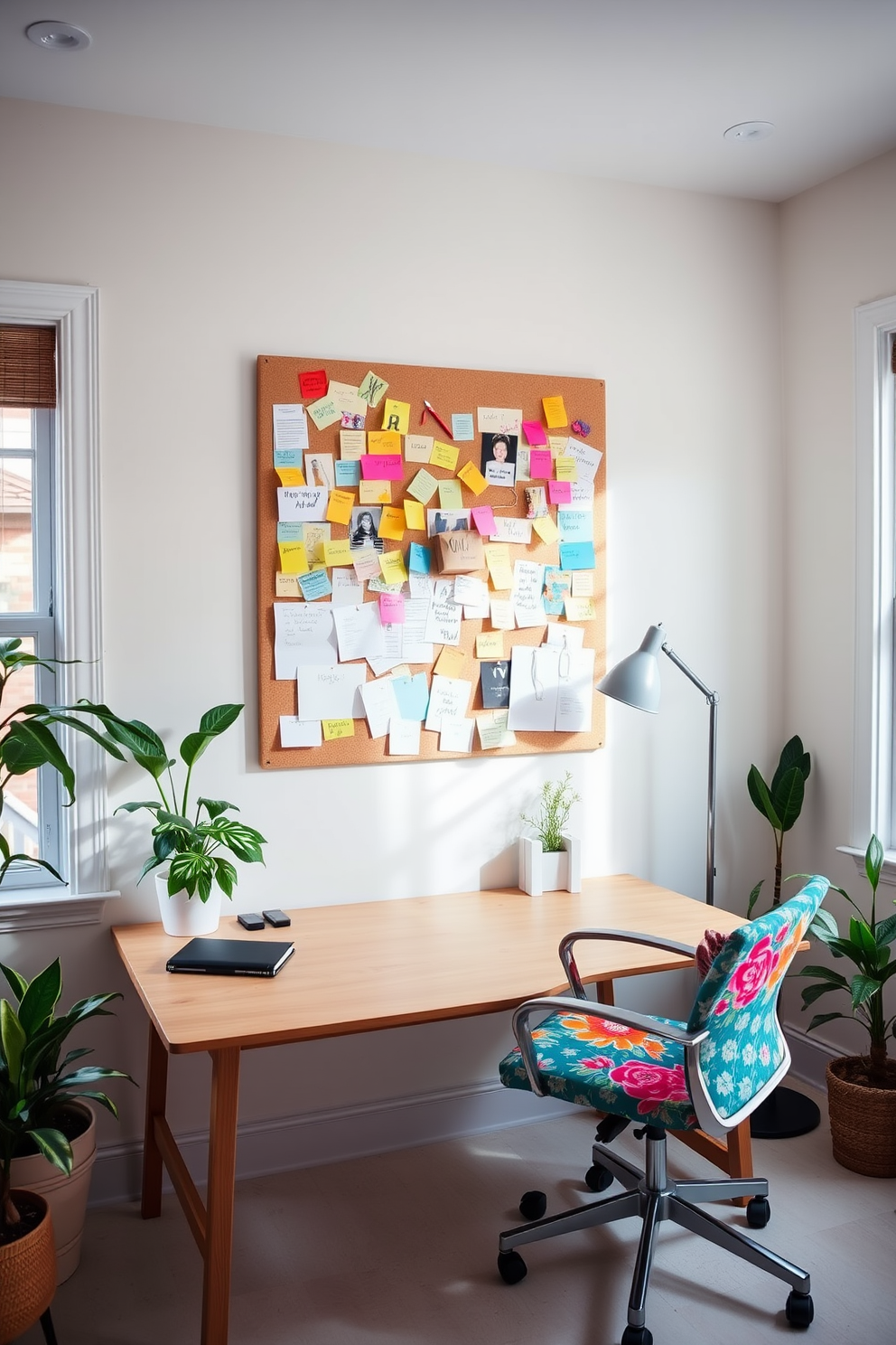 A bright and airy home office filled with natural light. The walls are painted in a soft white hue, and a large bulletin board covered in colorful notes and inspiration hangs above a sleek wooden desk. To the right of the desk, a comfortable chair with vibrant upholstery invites creativity. Potted plants in the corners add a touch of greenery, while a stylish lamp illuminates the workspace during late hours.