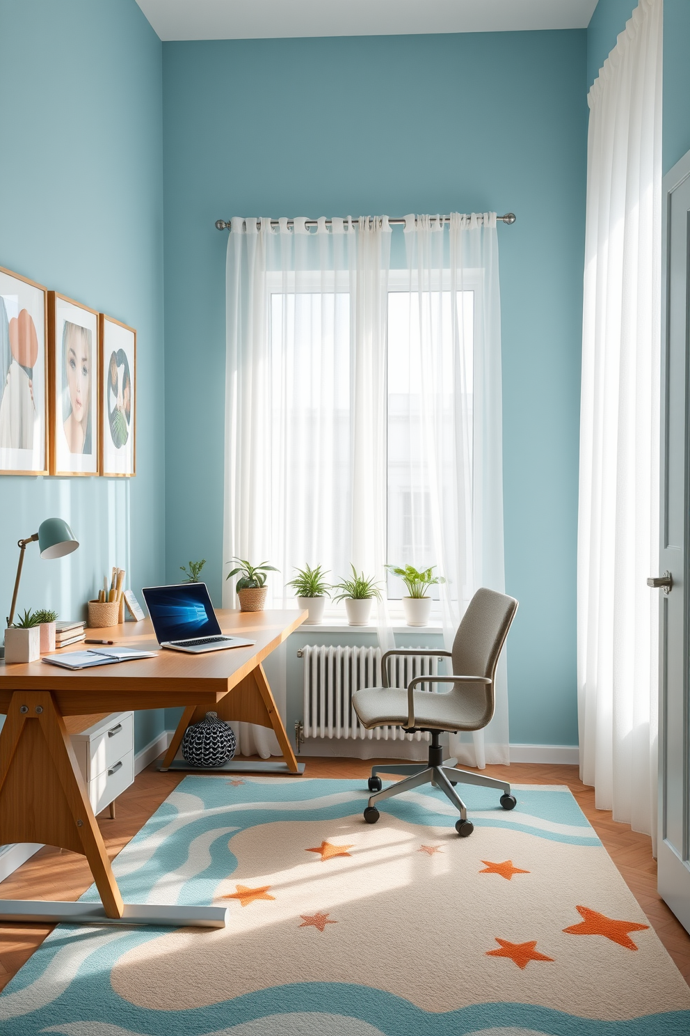 A bright and airy home office space features a large wooden desk with a sleek laptop and stylish stationery. The walls are painted in a soft blue hue, and a fun beach-themed rug adds a pop of color and personality to the room. Natural light floods in through a large window adorned with sheer white curtains, creating a warm and inviting atmosphere. Potted plants sit on the windowsill, while a comfortable chair invites relaxation and productivity.