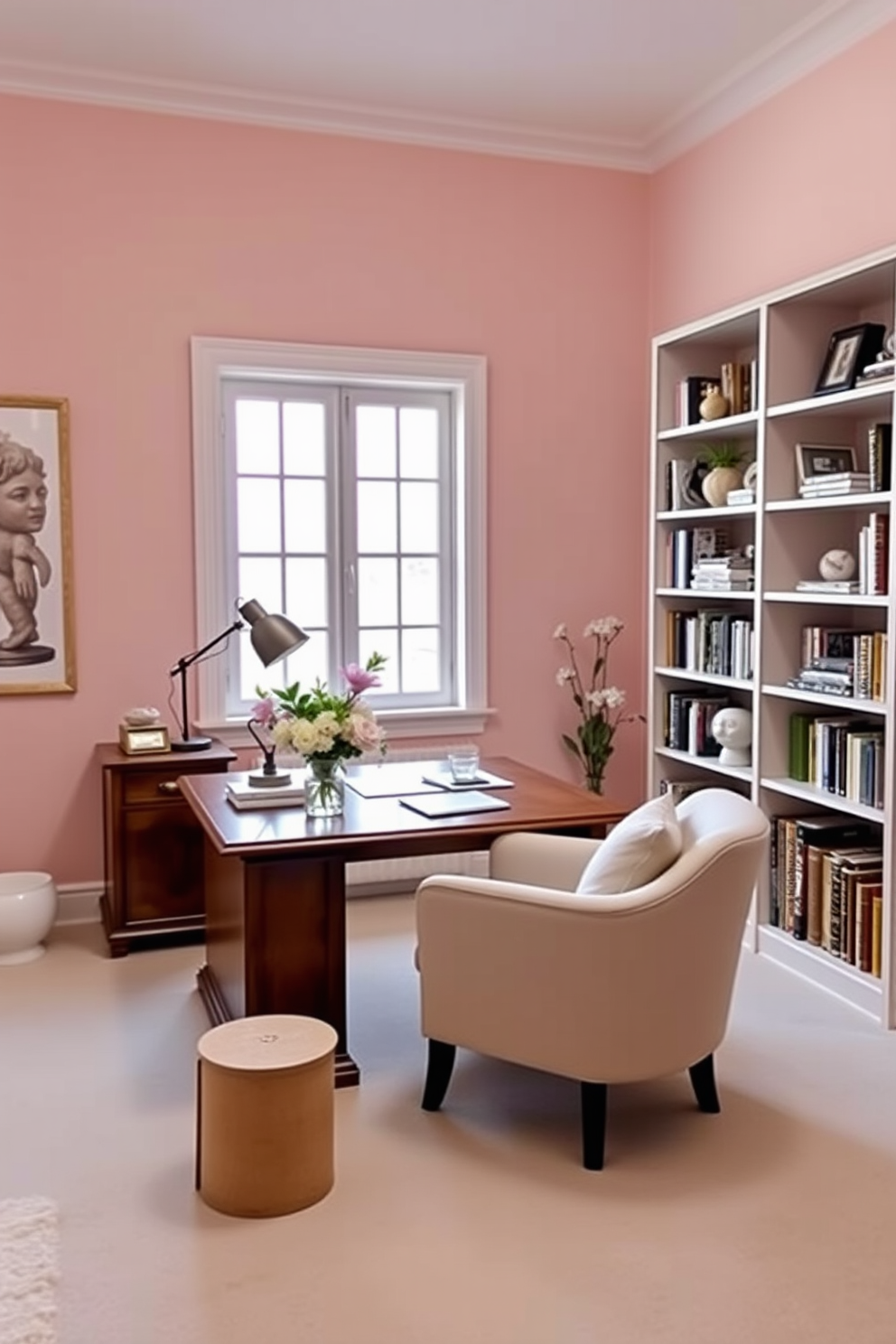 A serene home office space with walls painted in soft pastel shades creating a calming atmosphere. A large wooden desk sits in front of a window, adorned with fresh flowers and a stylish desk lamp. Comfortable seating includes a plush armchair in a complementary pastel hue, inviting relaxation and creativity. Shelves filled with books and decorative items provide both functionality and aesthetic appeal.