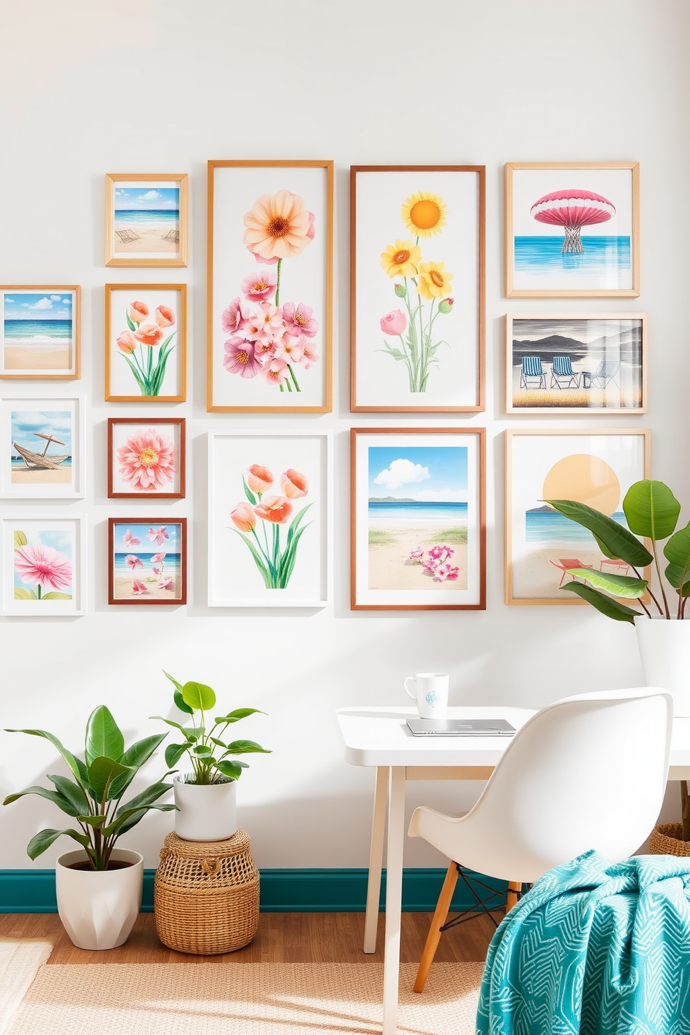 Create a gallery wall featuring vibrant summer-themed artwork. The wall is adorned with various framed pieces showcasing beach scenes, floral arrangements, and sunny landscapes. Design a cozy home office that embodies a summer vibe. Incorporate light-colored furniture, plenty of natural light, and decorative elements like potted plants and bright textiles.