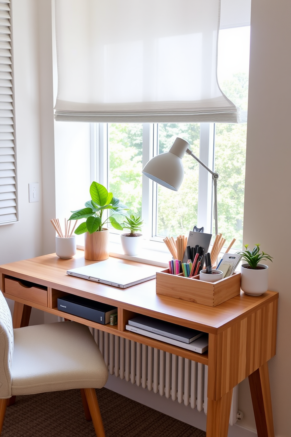 A stylish desk organizer made of natural wood holds an assortment of stationery and office supplies, creating a clean and organized workspace. The desk is positioned near a window that lets in ample natural light, enhancing the serene atmosphere of the summer home office. Decorative plants in ceramic pots are placed on the desk and windowsill, adding a touch of greenery and freshness to the space. Soft pastel colors adorn the walls, complemented by a comfortable chair that invites productivity and creativity.