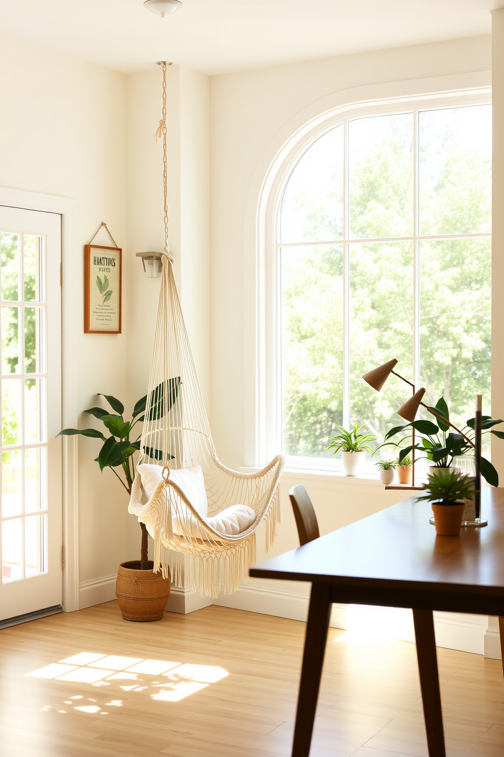 A bright and airy summer home office features a large window that floods the space with natural light. In one corner, a cozy hammock chair is suspended from the ceiling, inviting relaxation and a moment of respite during work hours. The walls are painted in a soft pastel hue, creating a calming atmosphere. A sleek wooden desk sits opposite the hammock, adorned with a stylish lamp and a few potted plants that add a touch of greenery.