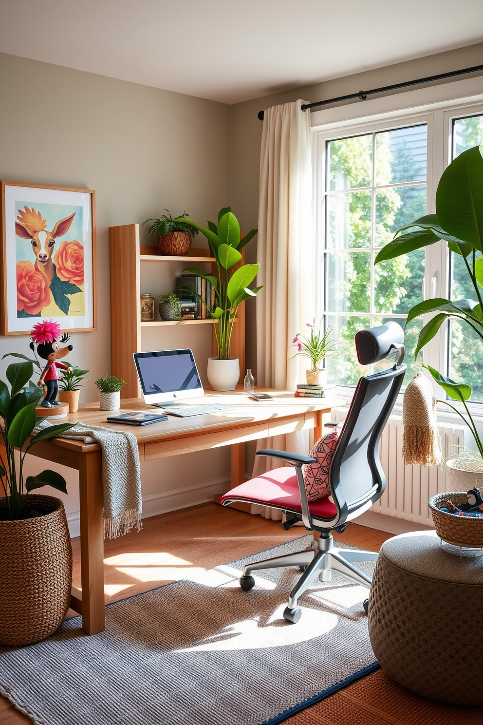 A light wood desk creates a warm and inviting atmosphere in your summer home office. Pair it with a comfortable ergonomic chair and natural light streaming through large windows to enhance productivity and relaxation. Incorporate vibrant indoor plants and colorful artwork to bring life to the space. Soft textiles like a cozy throw and decorative cushions can add comfort and style to your summer workspace.