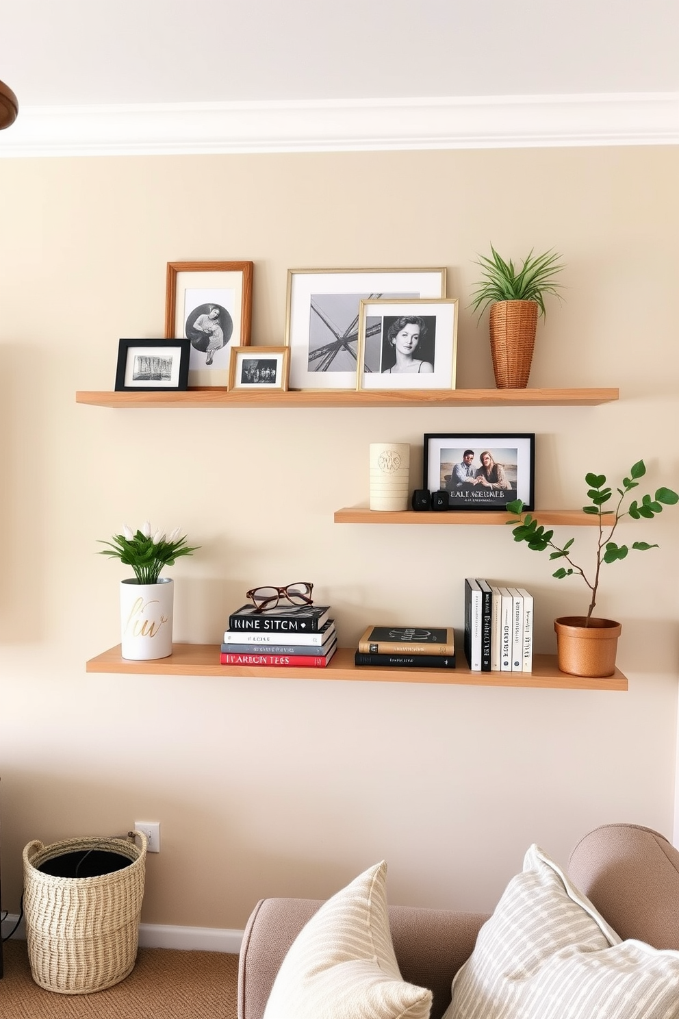 A cozy summer home theater features wall-mounted shelves adorned with decorative items such as framed photos and stylish books. The walls are painted in a soft beige tone, and the shelves are made of natural wood, creating a warm and inviting atmosphere.