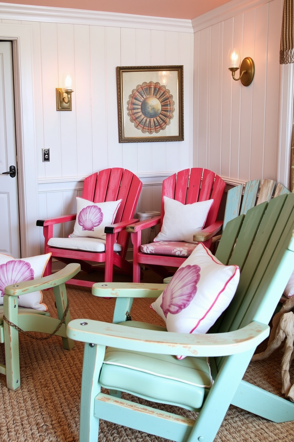 Vintage beach chairs arranged in a cozy corner of a summer home theater create a relaxed and inviting atmosphere. The chairs, adorned with vibrant, weathered fabrics, complement the soft, sandy hues of the room's decor. Incorporate playful elements such as seashell-themed cushions and driftwood accents to enhance the beachy vibe. Soft lighting from retro-style sconces adds warmth, making the space perfect for movie nights with family and friends.