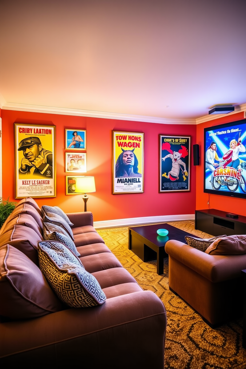 Create a cozy summer home theater with framed movie posters in vibrant colors adorning the walls. The seating area features plush, oversized sofas and a large screen that invites family and friends to enjoy movie nights together.