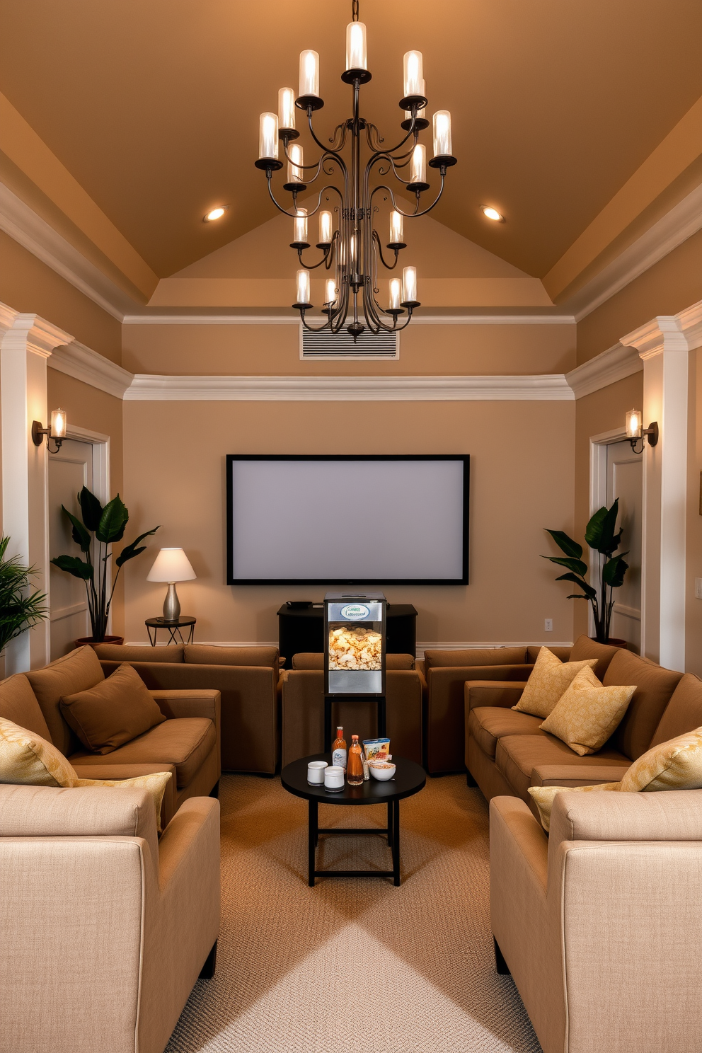 A cozy summer home theater with plush seating arranged in a semi-circle facing a large screen. The walls are painted a soft beige, and decorative indoor plants are placed in the corners to add a touch of greenery. The lighting is adjustable with dimmable sconces and a central chandelier, creating an inviting ambiance. A stylish popcorn machine sits in the back, accompanied by a small table filled with snacks and drinks for movie nights.