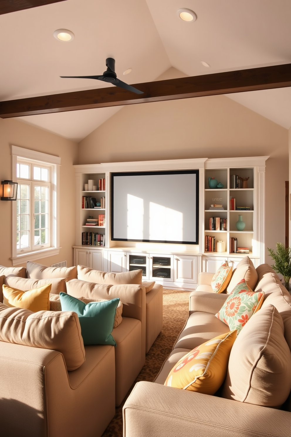 A cozy summer home theater with light-colored walls that reflect sunlight. The seating area features plush, oversized sofas adorned with bright, colorful throw pillows. A large screen is mounted on the wall, surrounded by built-in shelves filled with books and decorative items. Soft, ambient lighting creates a warm and inviting atmosphere for movie nights.