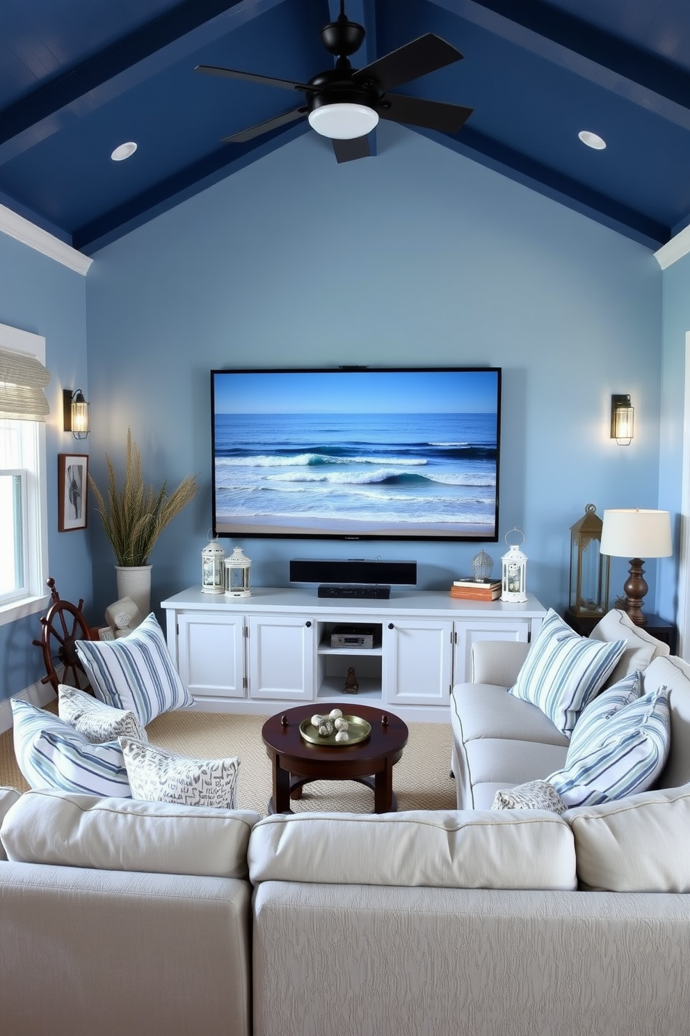 A cozy summer home theater with a nautical theme. The walls are painted in a soft blue hue, and the furniture includes a large sectional sofa adorned with striped cushions. Nautical-themed accessories like a ship wheel and vintage lanterns are strategically placed around the room. A large canvas depicting a serene ocean scene hangs above the entertainment center, enhancing the coastal ambiance.