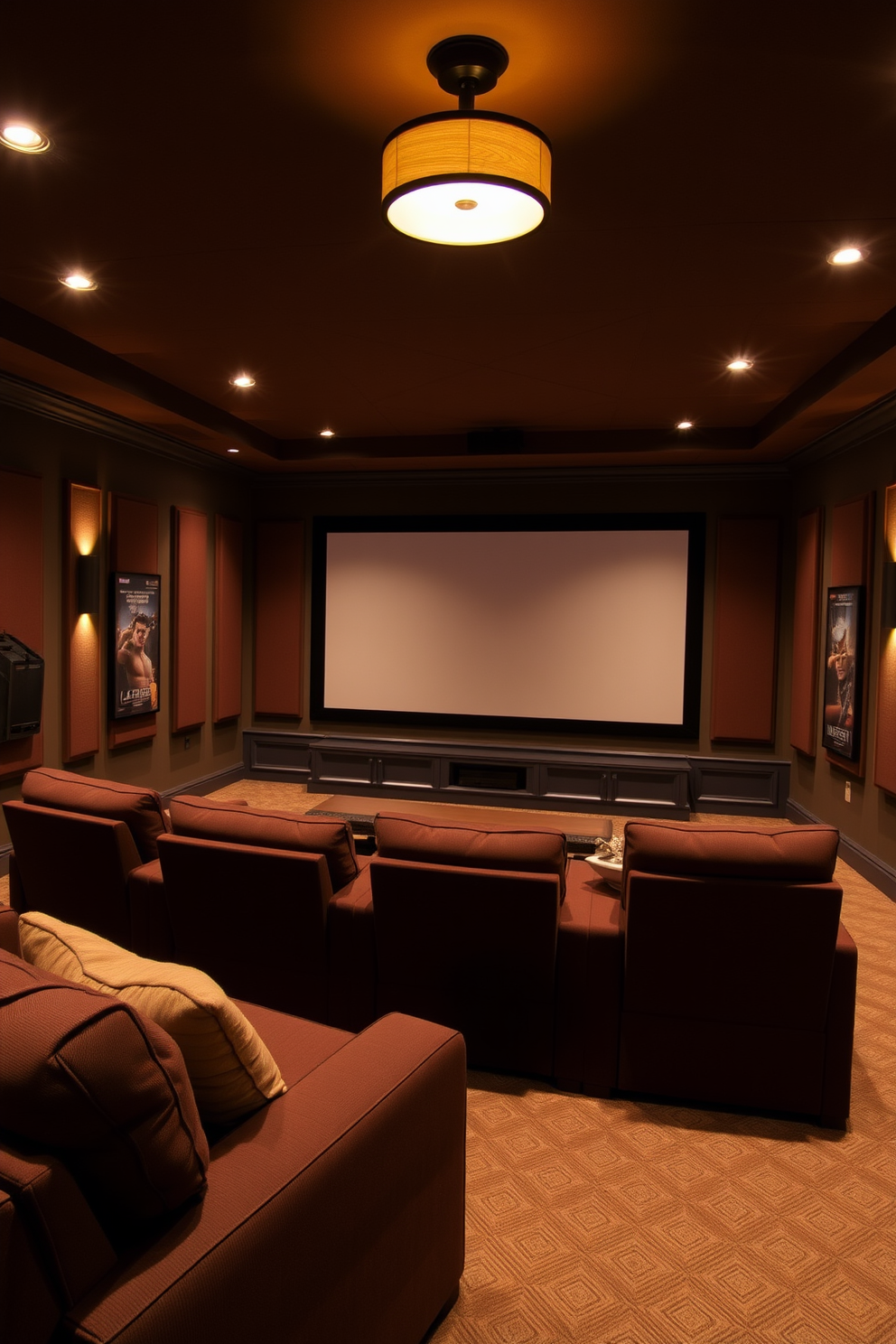 A cozy summer home theater setting with mood lighting that creates a warm and inviting atmosphere. Dimmable fixtures are strategically placed to enhance the viewing experience while providing soft illumination around the room. Plush seating in rich fabrics offers comfort and style, arranged to face a large screen for optimal viewing. The walls are adorned with acoustic panels in a subtle color, and decorative elements like framed movie posters add personality to the space.