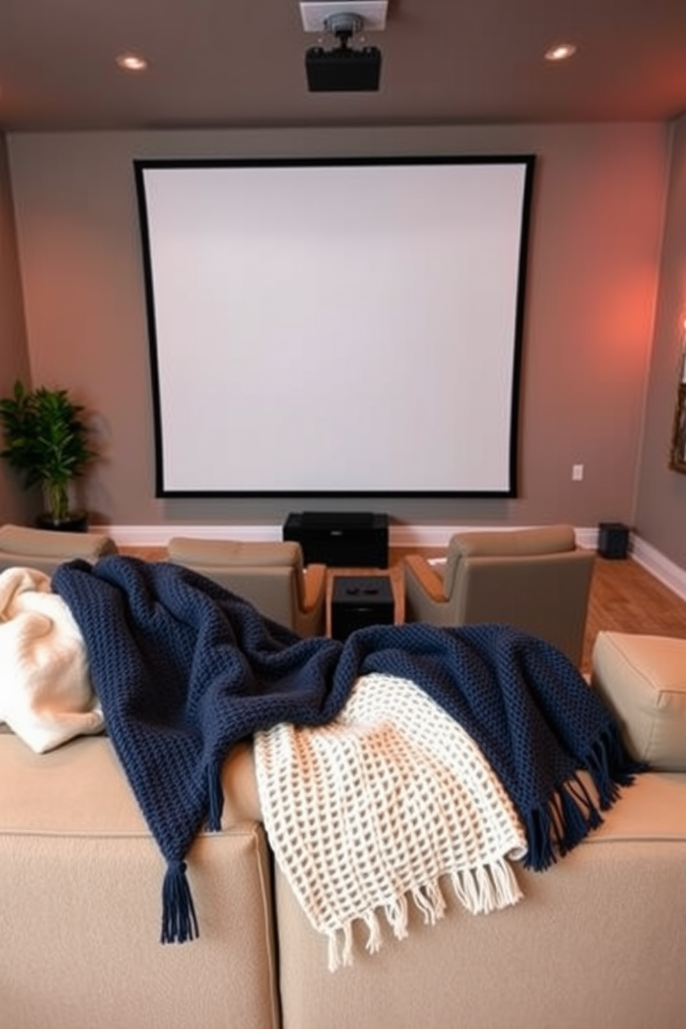 Cozy blankets for chilly summer nights. Soft cotton and lightweight knit blankets are draped over a plush sectional sofa, creating an inviting atmosphere for relaxation. Summer Home Theater Decorating Ideas. A large projector screen is mounted on the wall, surrounded by comfortable recliners and ambient lighting that enhances the cinematic experience.