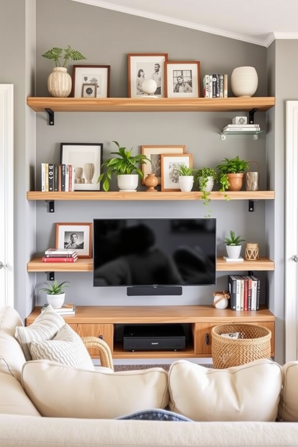 A cozy summer home theater features floating shelves adorned with curated decor. The shelves are filled with a mix of books, plants, and decorative objects, creating an inviting atmosphere for relaxation and entertainment.