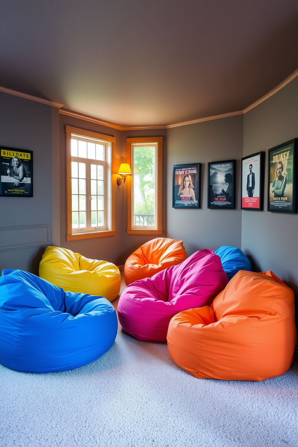 Colorful bean bags arranged in a cozy corner of a summer home theater create a vibrant and inviting atmosphere. The bean bags are in various bright hues, complementing the soft lighting and plush carpet that enhances the casual vibe of the space. Large windows allow natural light to filter in, creating a warm and welcoming environment for movie nights. The walls are adorned with framed posters of classic films, adding a touch of personality and charm to the home theater.