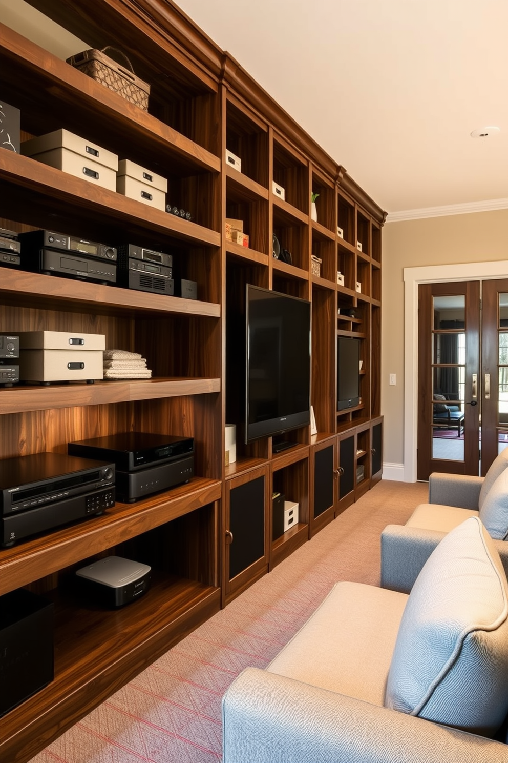 A cozy multimedia storage area designed for organization. It features custom-built shelves made of reclaimed wood, housing an array of media devices and decorative boxes. In the summer home theater, plush seating is arranged in a semi-circle. The walls are painted a soft beige, and ambient lighting creates a warm, inviting atmosphere.