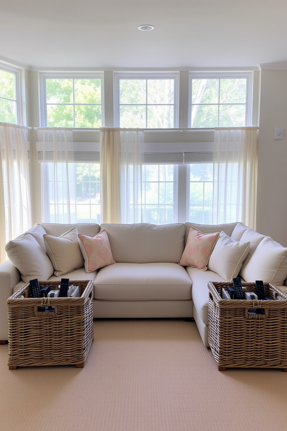 A cozy summer home theater with decorative baskets for remote controls. The room features a plush sectional sofa in a light fabric, complemented by soft throw pillows in pastel colors. On either side of the sofa, stylish wicker baskets are placed for easy access to remote controls, keeping the space organized. Large windows allow natural light to fill the room, adorned with sheer curtains that provide a breezy summer feel.