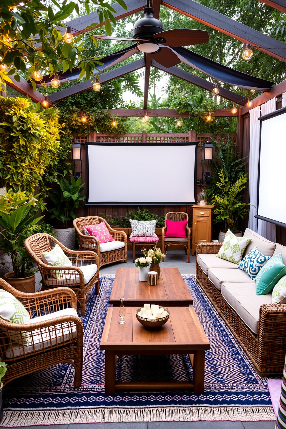 Create an outdoor-inspired decor setting that features a cozy seating area with rattan chairs and a large wooden coffee table. Surround the space with lush greenery and hanging fairy lights to enhance the breezy vibe. Design a summer home theater that includes a large sectional sofa with colorful throw pillows and a sleek projector screen. Incorporate light, airy curtains and a small popcorn station for a fun and inviting atmosphere.