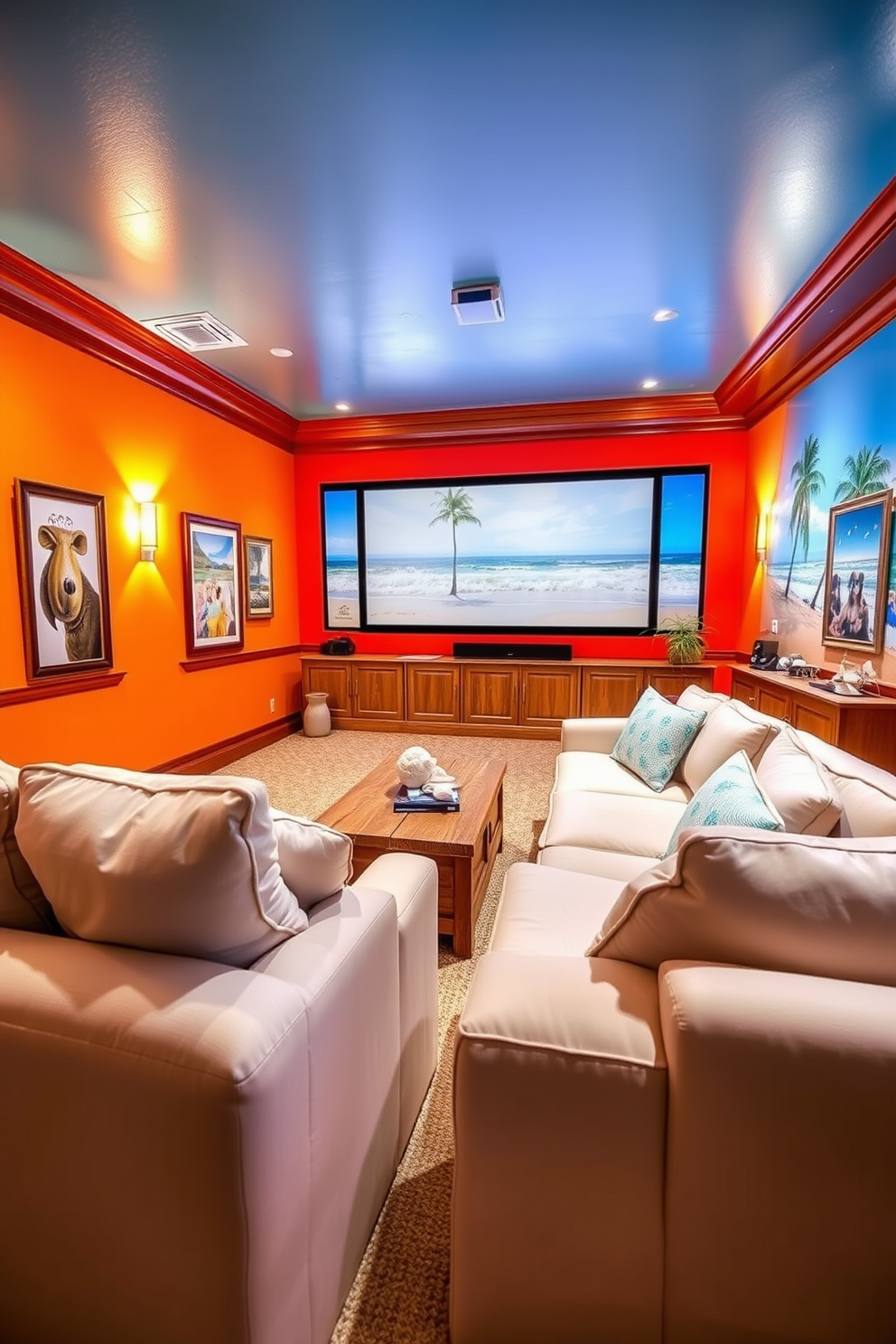 Bright accent walls painted in vibrant colors create a lively atmosphere, enhancing the beach mural that stretches across one wall, depicting serene ocean waves and palm trees. Comfortable seating is arranged in a cozy layout, with plush cushions and a large screen for movie nights, complemented by soft ambient lighting. Summer home theater decorating ideas feature light, airy fabrics that evoke a breezy feel, incorporating natural wood elements for warmth and texture. Decorative accents like seashells and coastal-themed artwork complete the space, creating an inviting retreat for relaxation and entertainment.