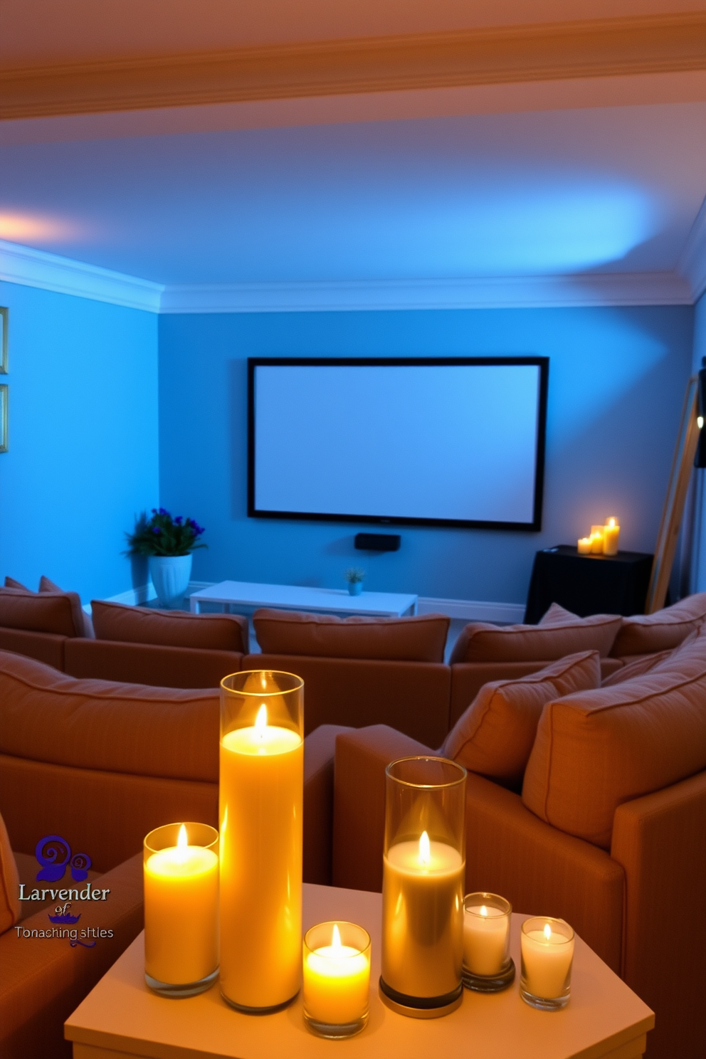 A cozy summer home theater featuring plush seating arranged in a semi-circle. The walls are painted a soft blue, with a large screen mounted on the opposite wall, and ambient lighting creates a warm glow. Scented candles in various sizes are placed strategically around the room, enhancing the relaxing atmosphere. The flickering flames cast gentle shadows, while the soothing scents of lavender and vanilla fill the air.