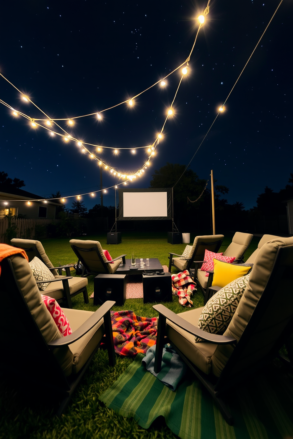 A cozy outdoor movie setup under the stars. There are comfortable lounge chairs arranged in a semicircle facing a large screen, with portable speakers strategically placed for optimal sound. String lights are draped overhead to create a warm ambiance. Colorful cushions and blankets are scattered around for added comfort and style.