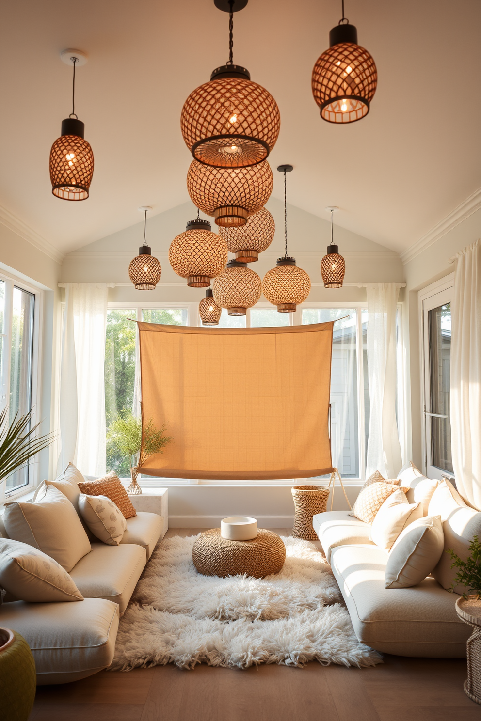 Decorative lanterns hang from the ceiling casting a warm glow throughout the room. Soft cushions and a plush area rug create a cozy seating area around the screen. The walls are painted in a calming pastel color to enhance the summer vibe. Large windows allow natural light to filter in, complemented by sheer curtains that flutter gently in the breeze.