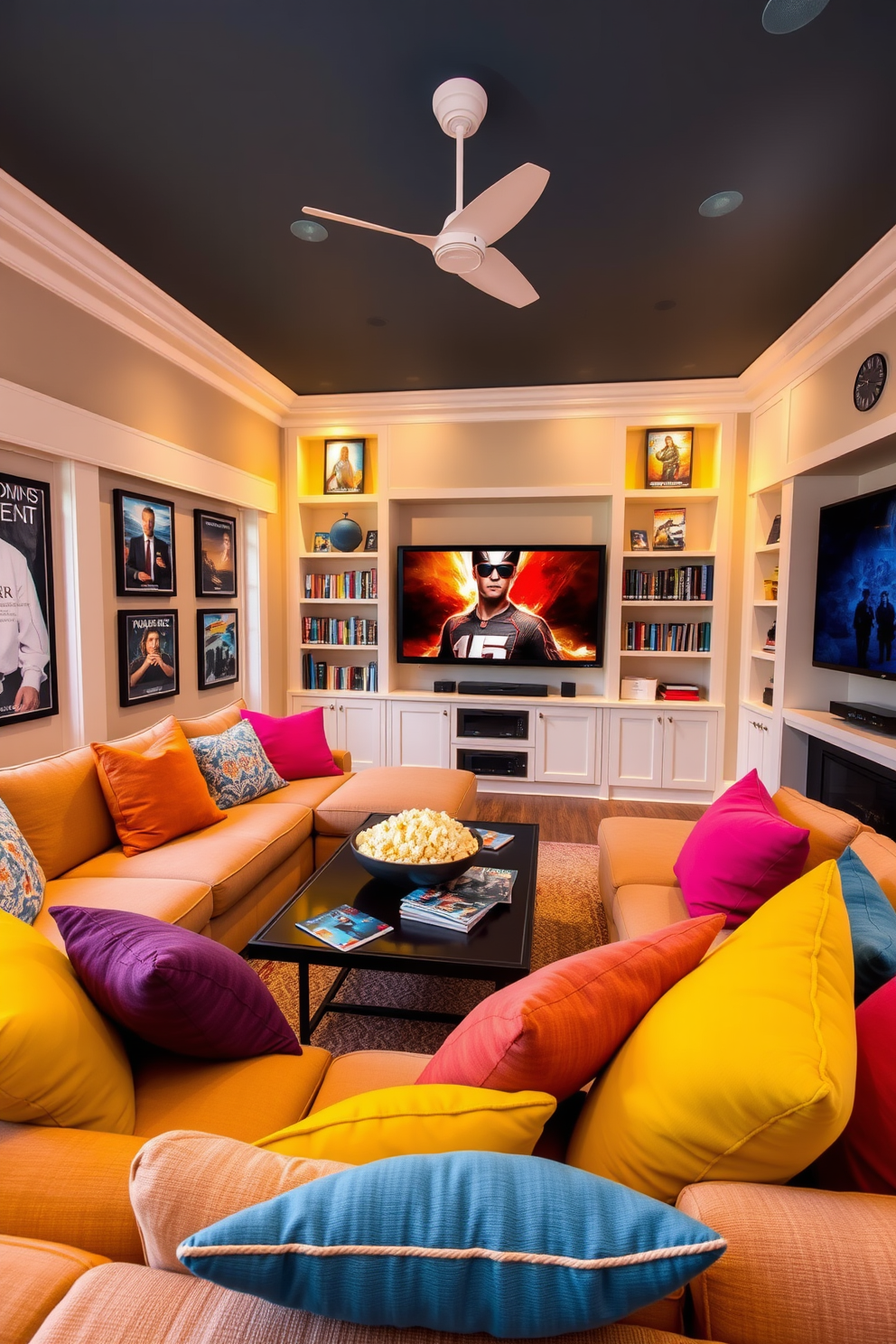 Bright throw pillows in vibrant colors are scattered across a plush sectional sofa, creating a cheerful and inviting atmosphere. The walls are adorned with framed movie posters, and ambient lighting enhances the cozy vibe of the summer home theater. A large screen is mounted on the wall opposite the seating area, surrounded by built-in shelves filled with DVDs and decorative items. A stylish coffee table sits in the center, topped with a bowl of popcorn and a few magazines for casual browsing during movie nights.