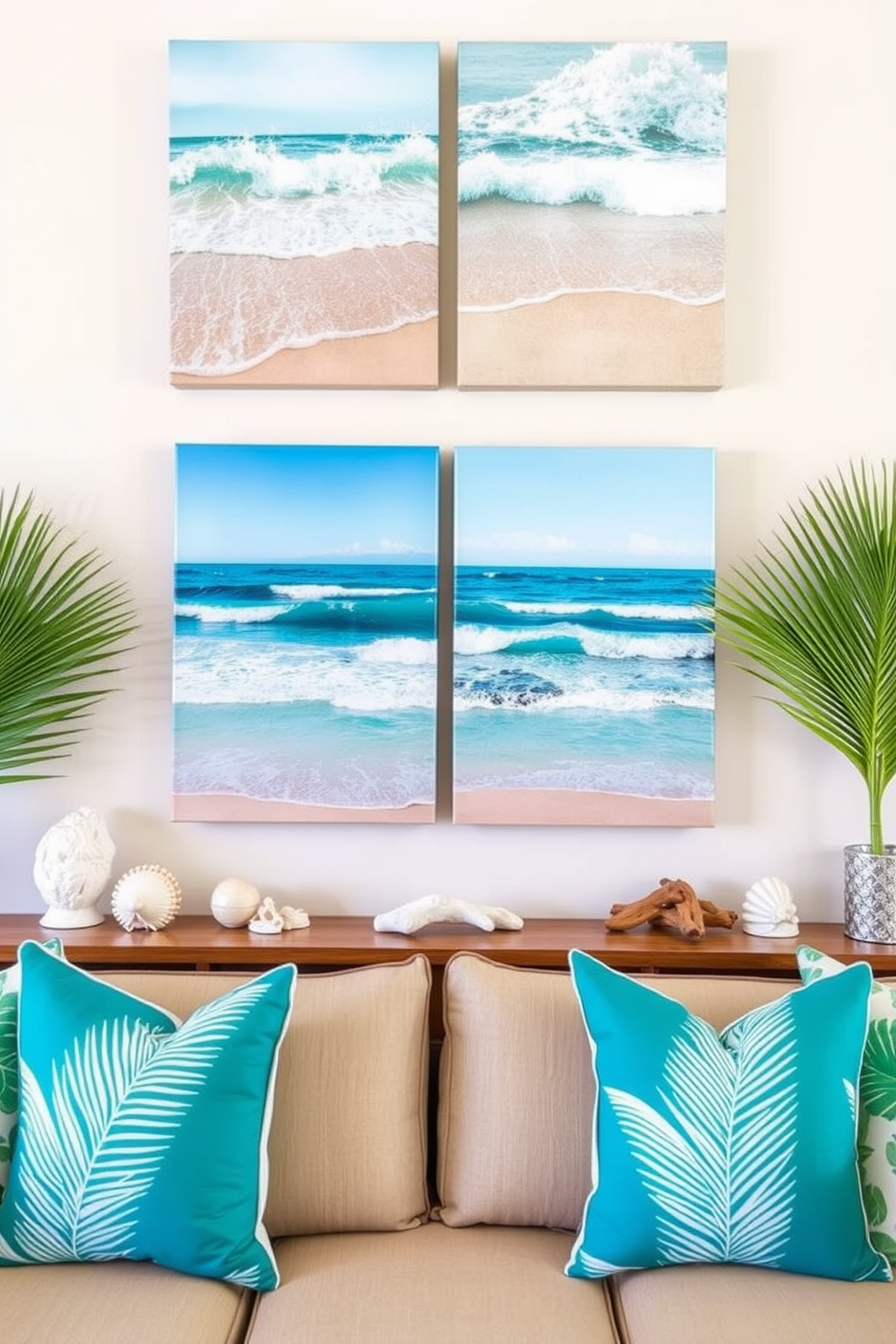 A serene beach-themed wall art display features large canvas prints of ocean waves and sandy shores. Surrounding the artwork are decorative pieces like seashells and driftwood accents that evoke a coastal ambiance. For summer home theater decorating ideas, consider a vibrant color palette with bright cushions and light fabrics. Incorporate tropical-themed decor elements such as palm leaf prints and beach-inspired accessories to create an inviting space.