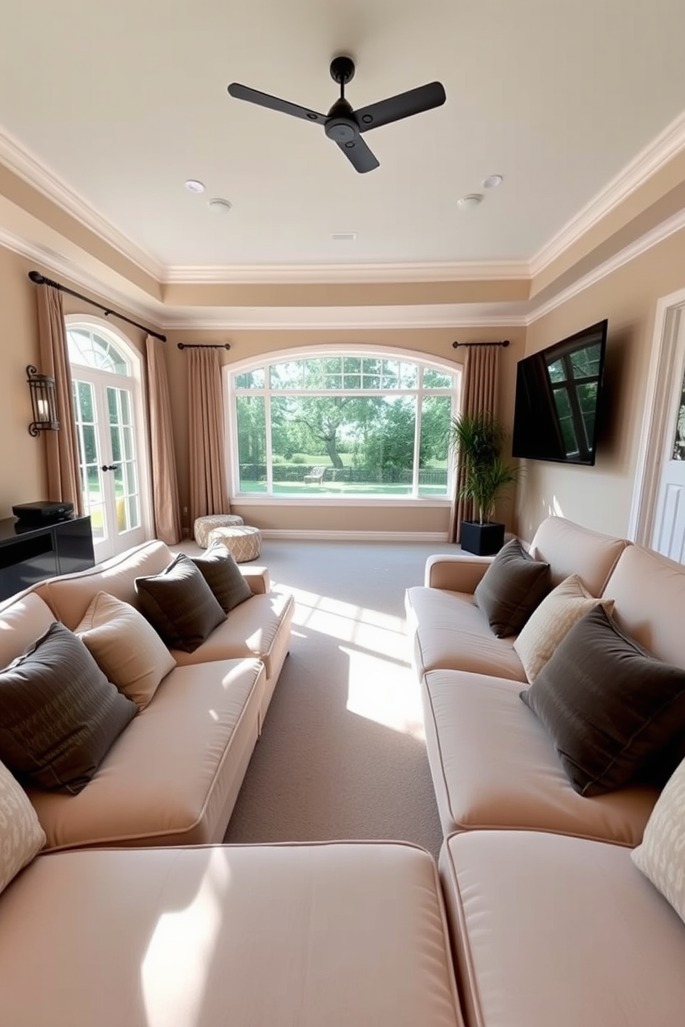 A spacious summer home theater features a comfortable sectional sofa adorned with plush cushions, inviting relaxation for movie nights. The walls are painted in a soft beige, and large windows allow natural light to filter in, creating a bright and airy atmosphere.