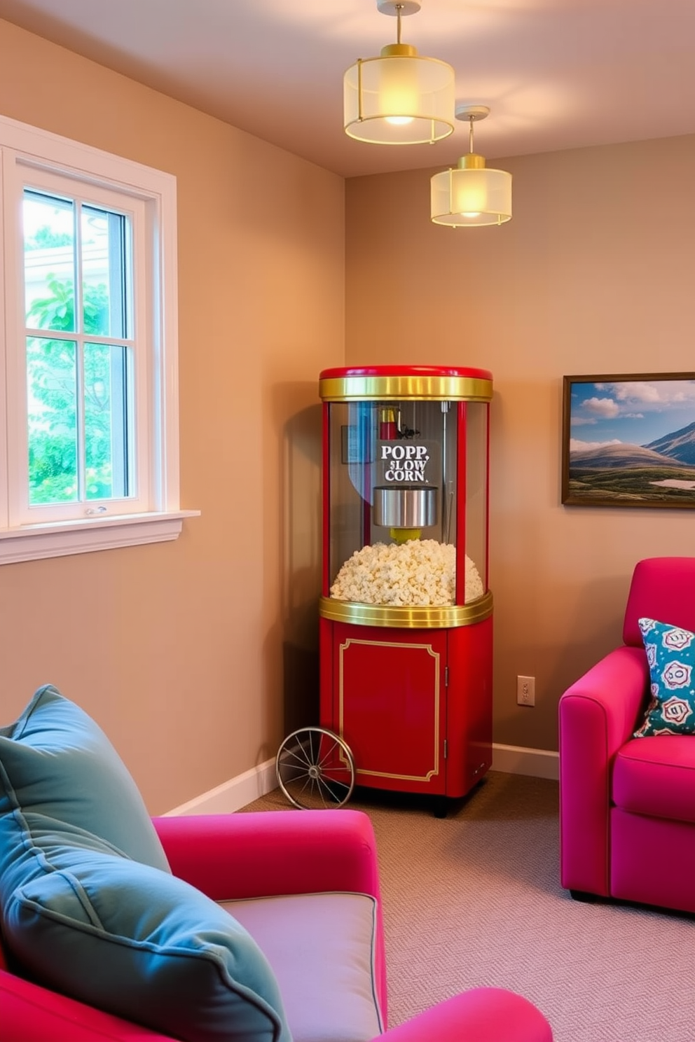 A vibrant popcorn machine sits prominently in the corner of a cozy summer home theater. The machine is painted in bright red with a shiny gold trim, creating a playful focal point against the soft beige walls. Surrounding the popcorn machine are plush seating options in cheerful colors, inviting guests to relax and enjoy movie nights. Soft lighting fixtures hang from the ceiling, casting a warm glow that enhances the inviting atmosphere of the space.