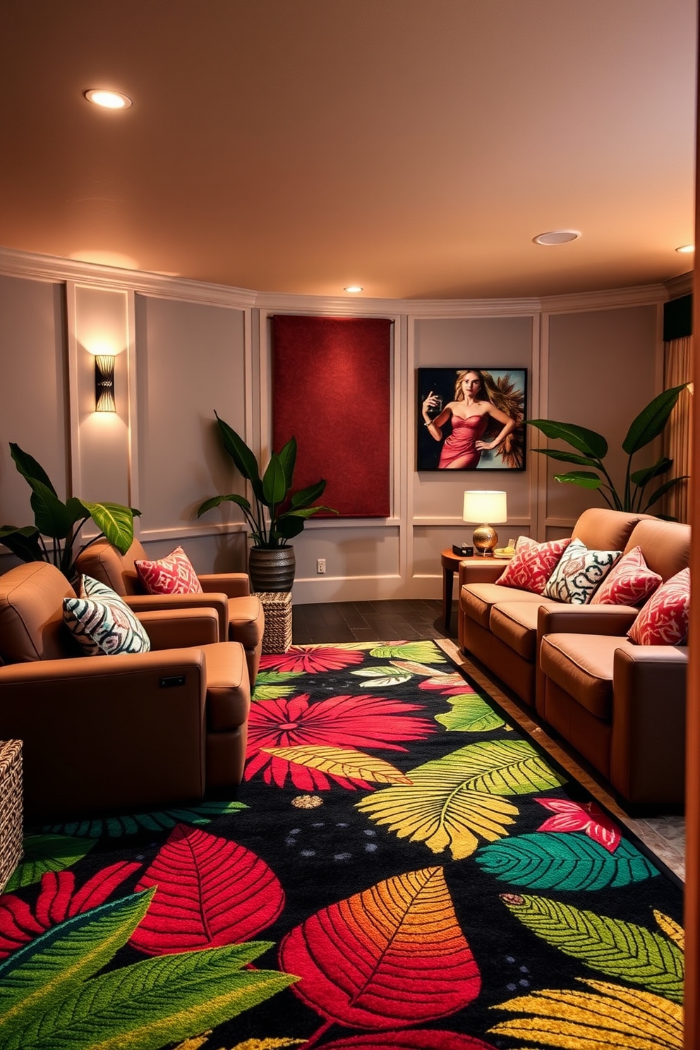 A cozy summer home theater featuring accent rugs with vibrant tropical patterns. The space is adorned with plush seating and soft lighting, creating a warm and inviting atmosphere for movie nights.