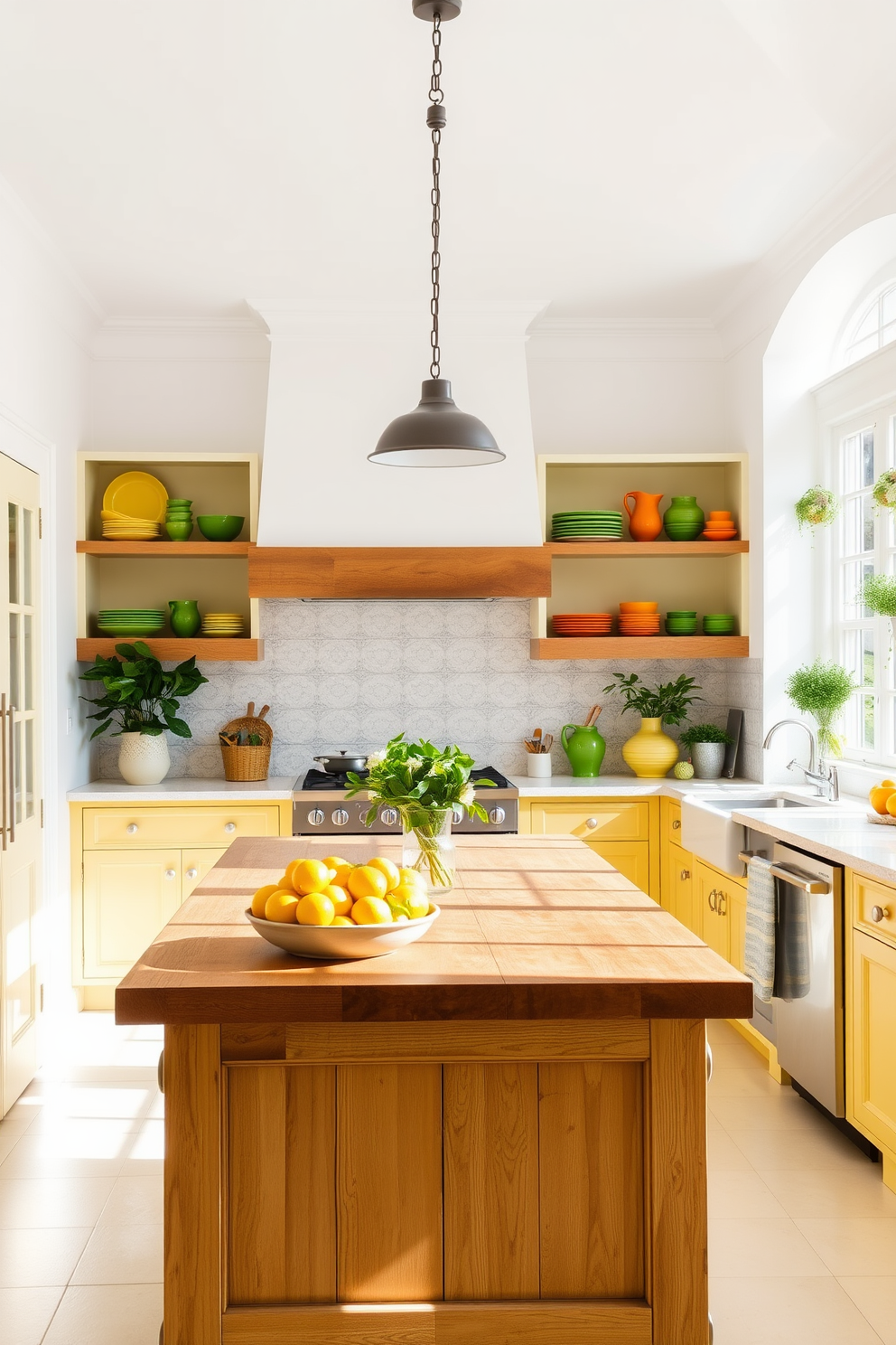 A bright and airy summer kitchen filled with natural light. The walls are painted in a soft white hue, and the cabinetry is a cheerful lemon yellow, complemented by fresh citrus accents throughout the space. A large wooden island sits in the center, adorned with a bowl of vibrant oranges and lemons. Colorful dishware in shades of green and orange is displayed on open shelves, enhancing the lively atmosphere.